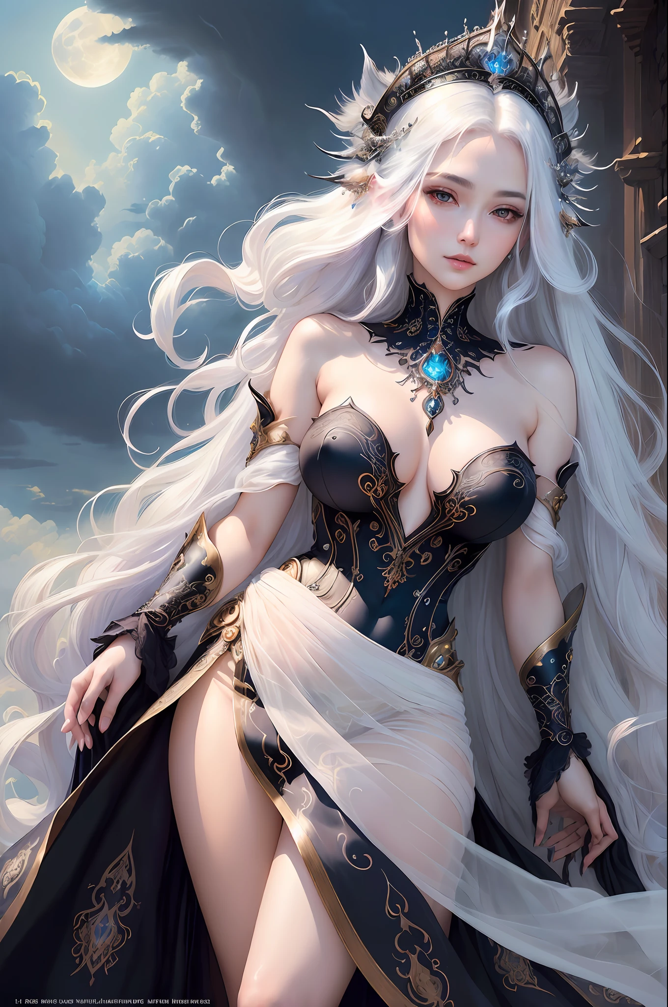 ((best quality)), ((masterpiece)), (detailed), princess long black hair with white locks and fringe, ethereal beauty, fabulously beautiful dress, (fantasy illustration: 1.3), enchanting gaze, pose captivating, delicate facial features, otherworldly charm, mystical sky, (Luis Royo:1.2), (Yoshitaka Amano:1.1), moonlit night, soft colors, (Detailed clouds:1.3), (High Resolution:1.2)