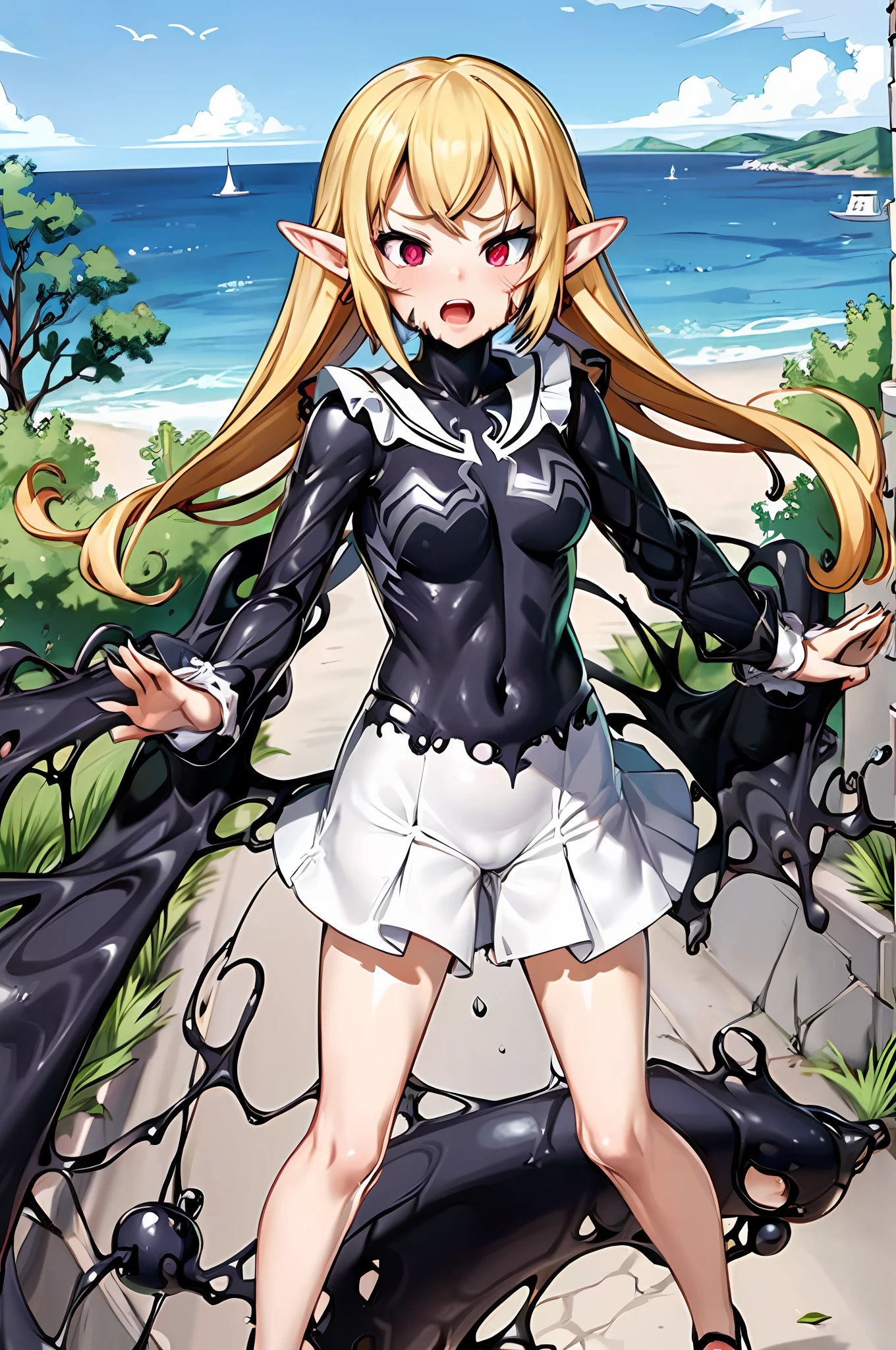 symbiote, Girl, elf, nezuko, swimsuit, scared, panicked, open mouth, ((best quality:1.3)), church, (beautiful legs: 1.2),