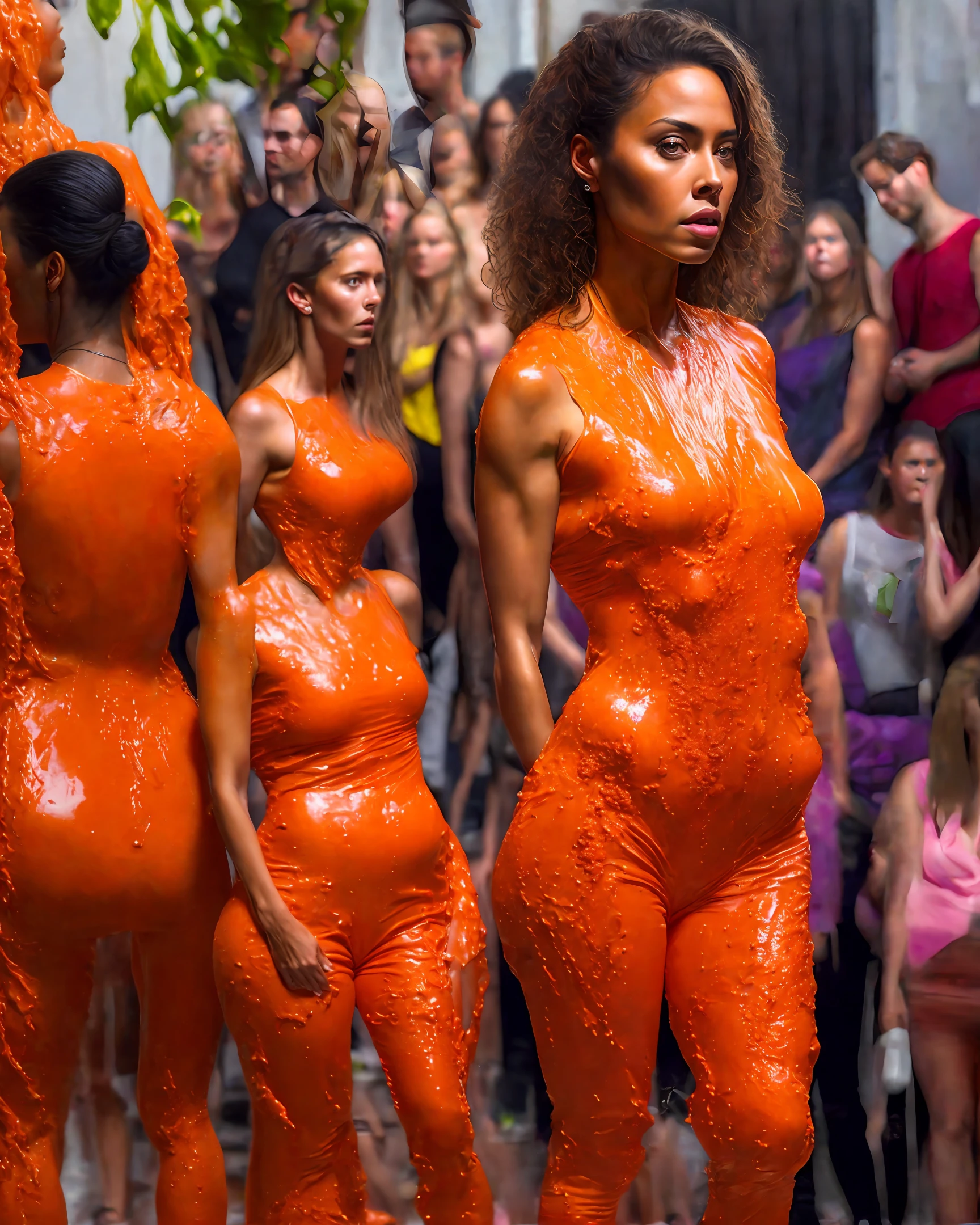 Slimed, woman, shocked, photorealistic, full length, bright studio, crowd behind.