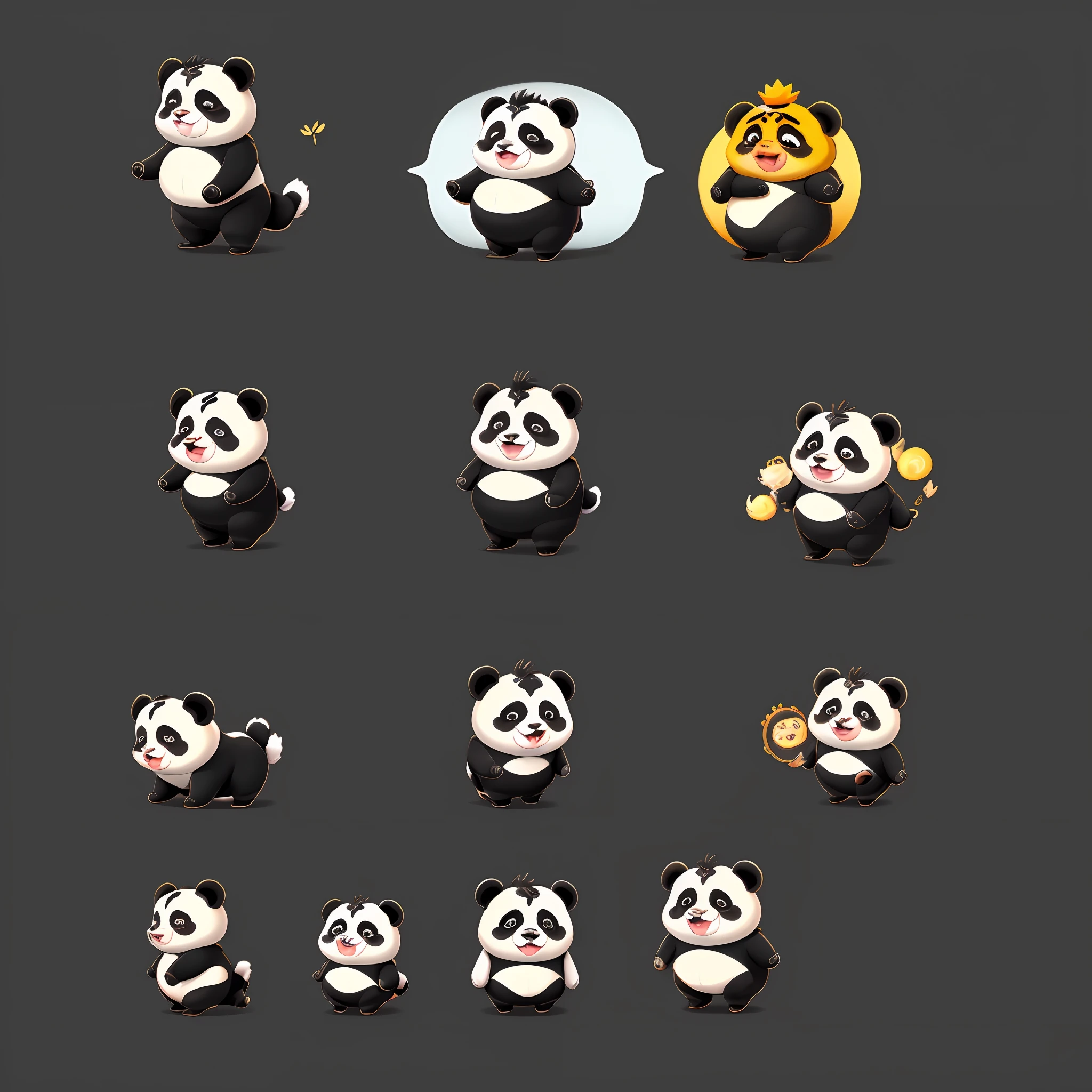 Fat cute panda, fat cute moji, Disney style, different emotions in black strokes, various poses and expressions se panda, -niji 5 --style cute
