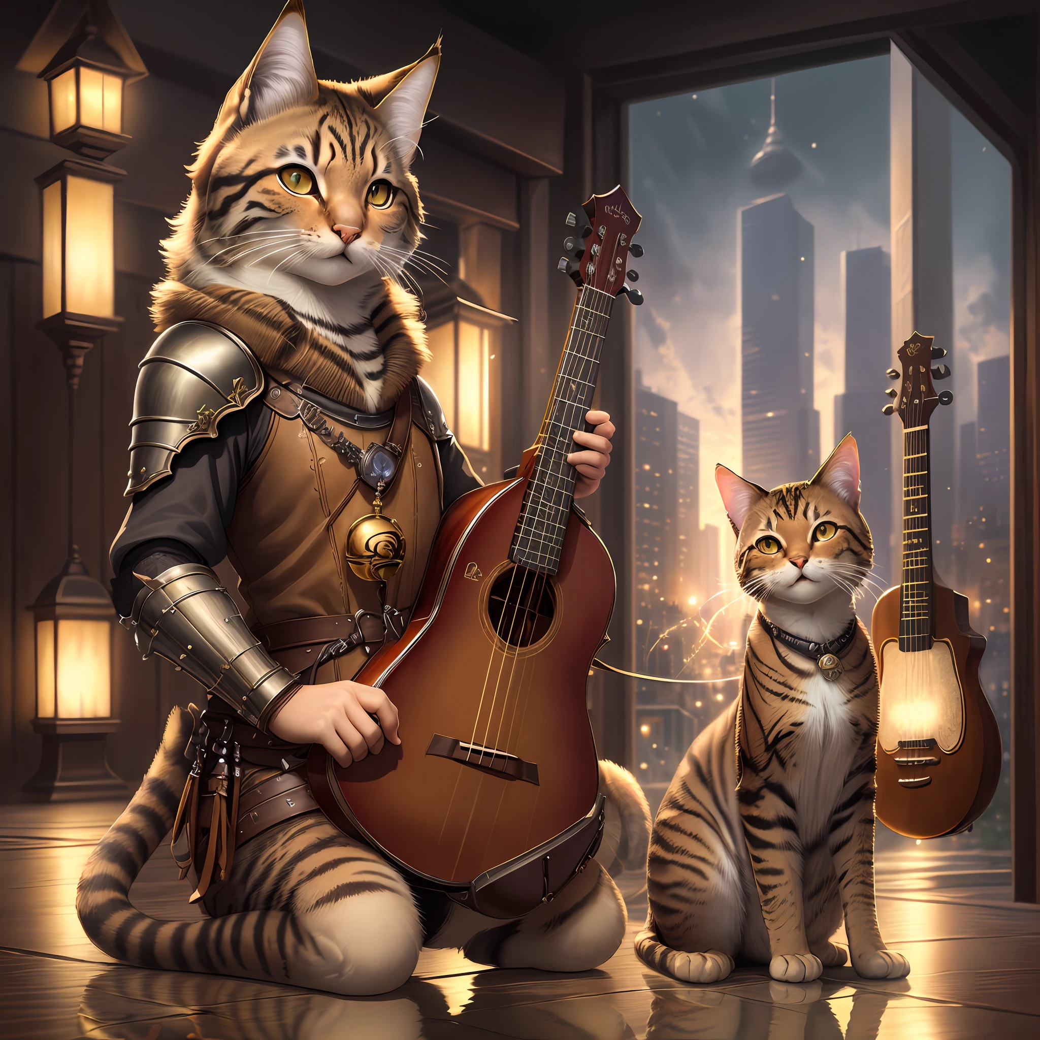 Best Quality, Masterpiece, Ultra High Resolution, Detailed Background, Realistic, Illustration, Expressionism, 1 Tabaxi, Solo, Tabby, Leather Armor, Instrument Bell, Magic, Show, City, Reflection, Volume Lighting, Depth field,