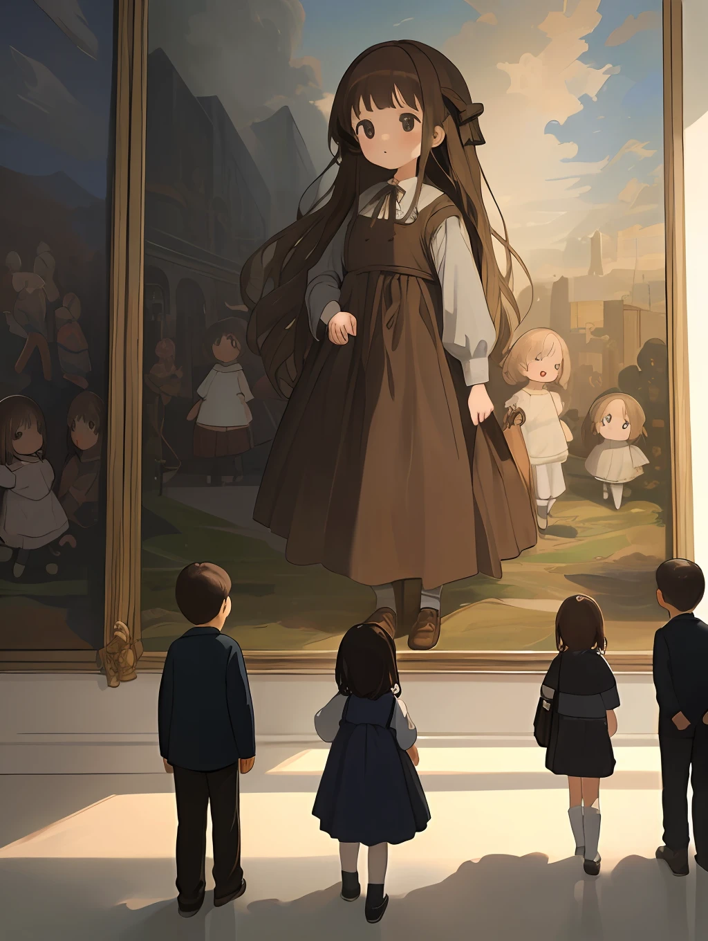 Help me to draw a scene depicting five children in a spacious art museum, standing in front of a huge rectangular oil painting.