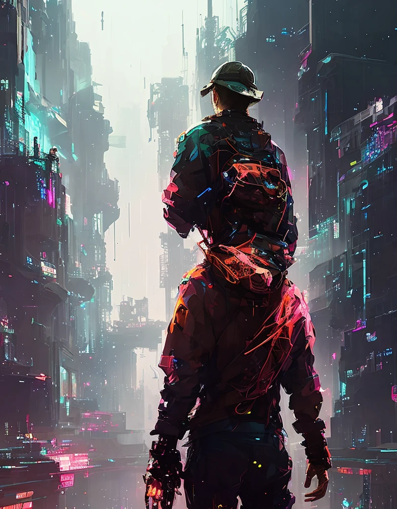 A painting of a man standing in front of a city wearing a peaked cap and a light sweatshirt around his neck with red and black muslin, inspired by the styles of Thomas Wijck and Yanjun Cheng, Jeremy Mann, showing the disco bliss of twenty-year-olds image. Influenced by Russell Dongjun Lu, Wojtek Fus and oil on canvas, please ensure that the picture has the character of Disco Elysium, and add cityscape and glow effect. In addition, appropriate details are added to the elements of the picture, including the man himself, to show the author&#39;s love for art and fragmented information.