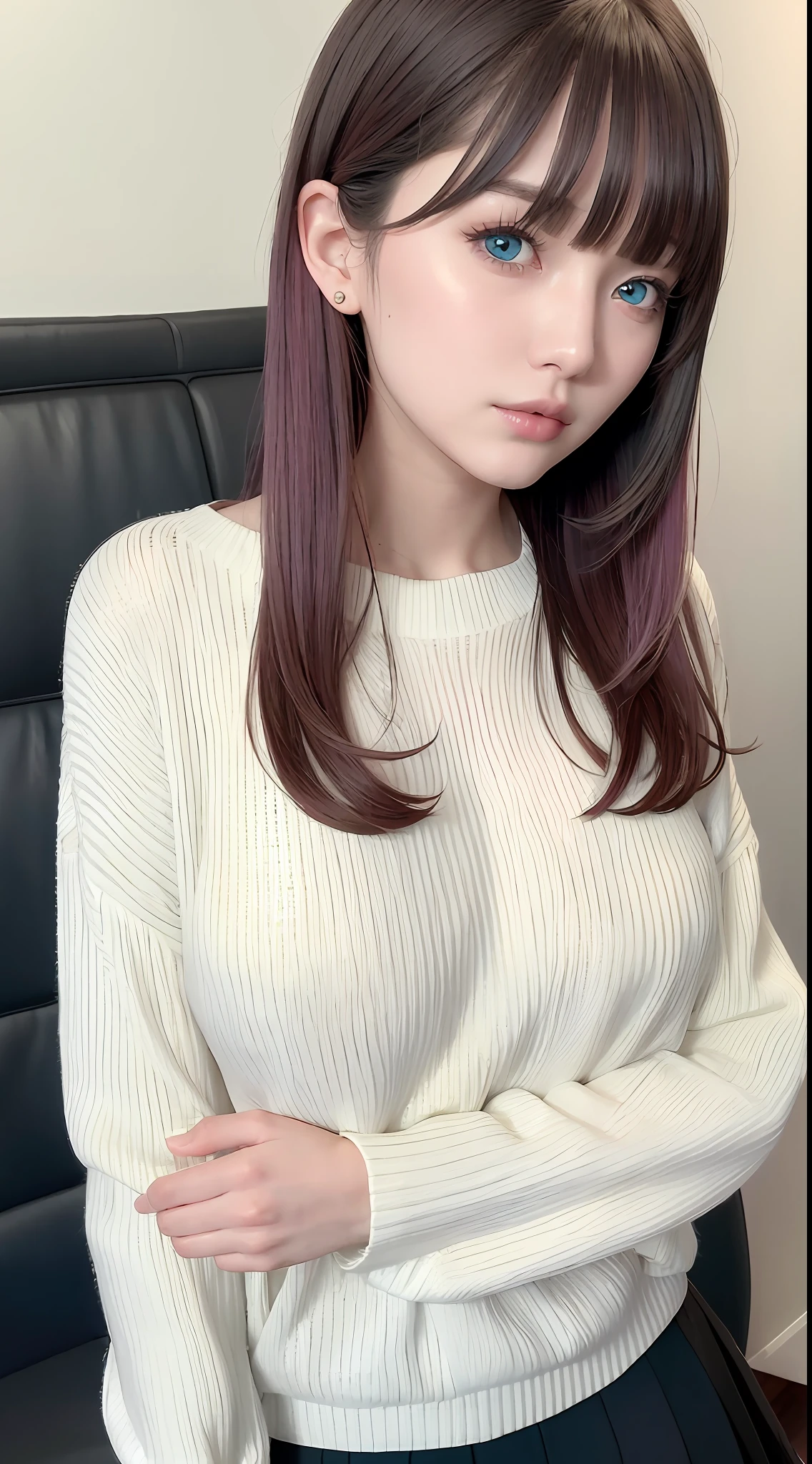 Masterpiece, best quality, 8k, photo, realistic, 1girl, 17yo, (white short sweater, black skirt), (detailed natural breasts), (full body), (sexy pose), soft lips, pale skin, ( pink hair), (detailed eyes: 1.3), (novafrogStyle: 1.2), depth of field, blushing, shy, (smile: 1.1), blue eyes, (random color bars), bangs, ulzzang-6500-v1.1, pureerosface_v1:0.4, HDR