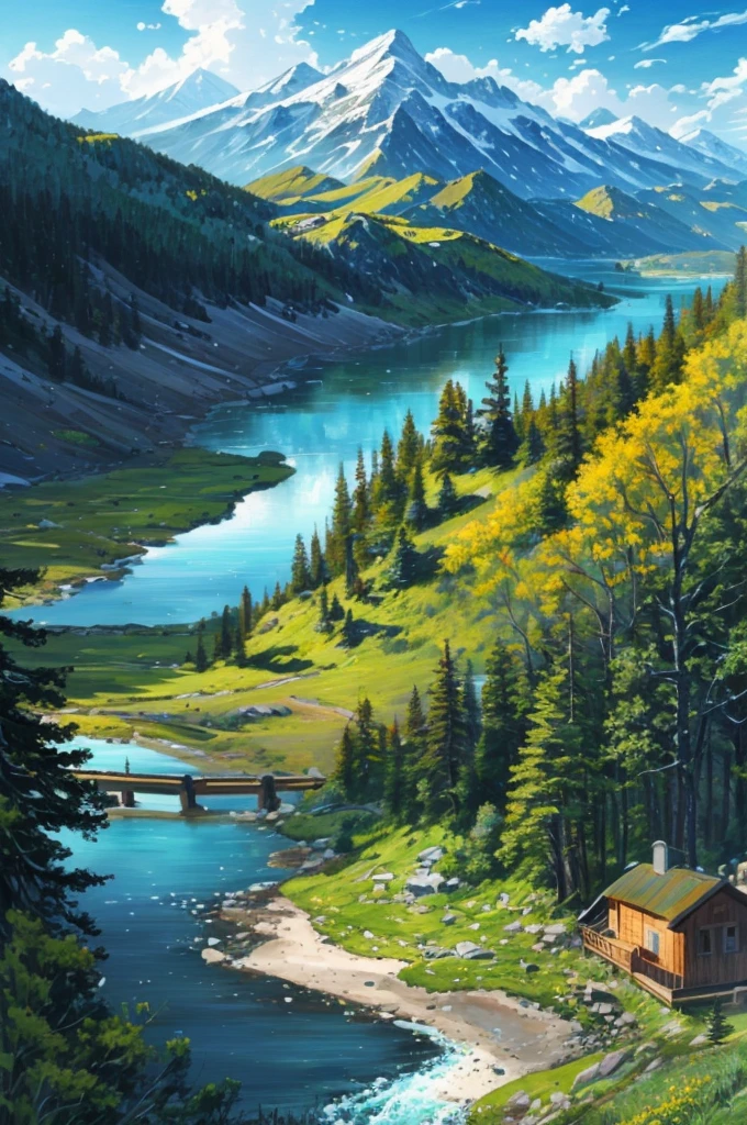 painting of a cabin in the mountains with a lake and mountains in the background, detailed painting 4 k, 4k highly detailed digital art, beautiful art uhd 4 k, mountains river trees, 4k detailed digital art, detailed scenery —width 672, highly detailed digital painting, scenery art detailed, ross tran. scenic background, 8k high quality detailed art