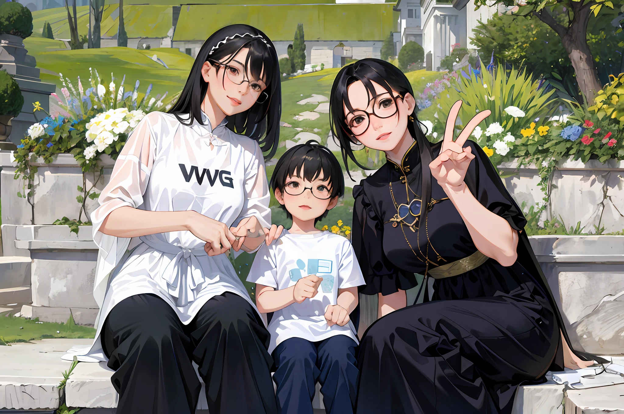 (a woman with black glasses 1.2) (highest resolution, distinct_image), 8K, best quality, masterpiece, highly detailed, semi-realistic, with two women and a child sitting on a bench, aunt mother and son, far right Woman in black dress wears glasses, mother and child don&#39;t wear glasses, far right woman with round face, with child, innocent boy, smiling prince, Jin Yiwei, happy family, Li Zixin, 30-year-old woman, 30-year-old woman, handsome --auto