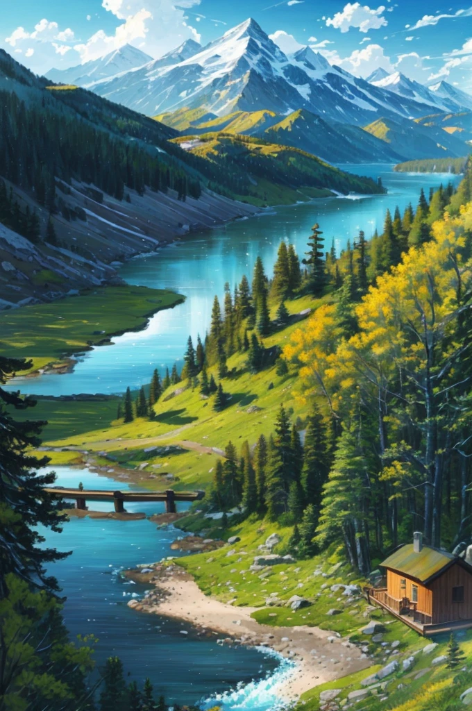 painting of a cabin in the mountains with a lake and mountains in the background, detailed painting 4 k, 4k highly detailed digital art, beautiful art uhd 4 k, mountains river trees, 4k detailed digital art, detailed scenery —width 672, highly detailed digital painting, scenery art detailed, ross tran. scenic background, 8k high quality detailed art