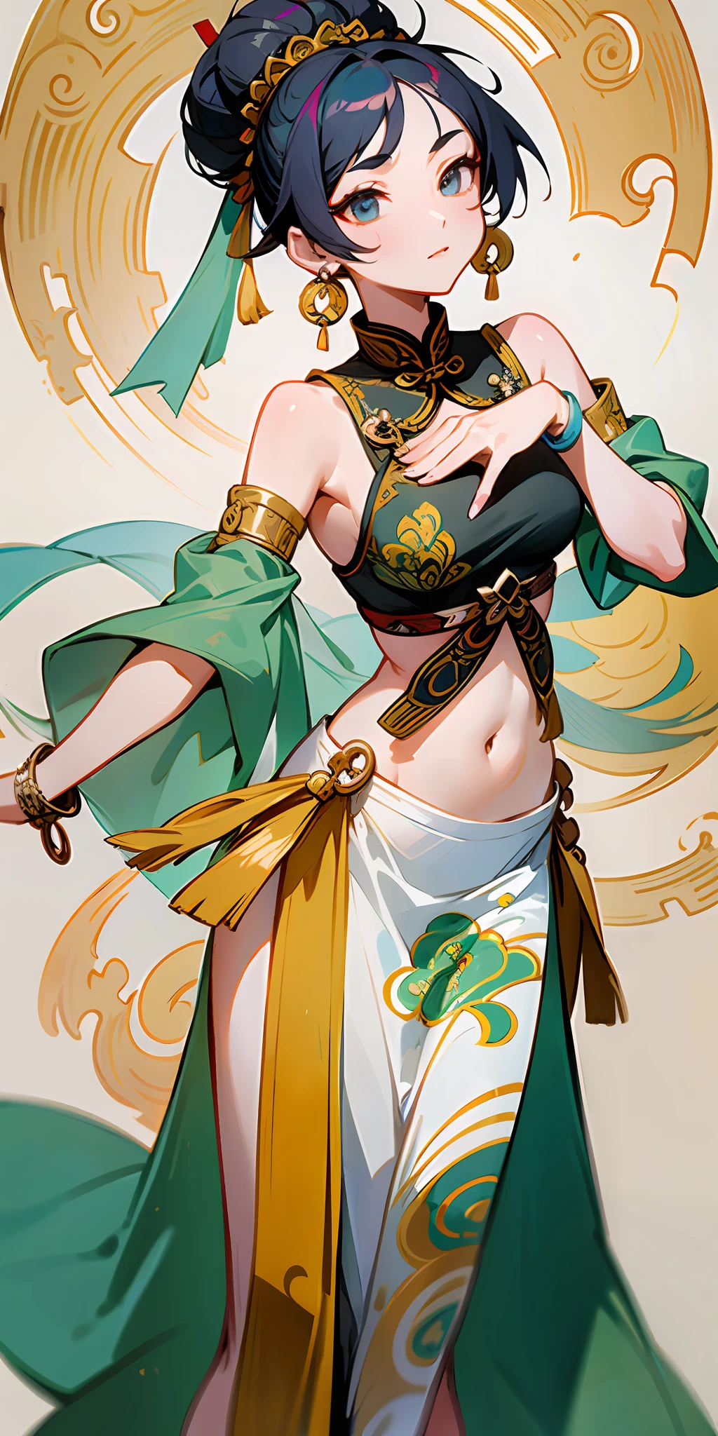 An ancient Chinese beauty dancing gracefully in a gorgeous dress with intricate embroidery, streamers on her arms, flowing tulle, exposed navel, bare shoulders, bun with hairpin, flower hairpin, armband, bracelet, anklet, metal Waist chain, Mogao Grottoes art, Dunhuang Feixian mural inspiration, Chinese painting, watercolor, ink, cgstation popular --v 6