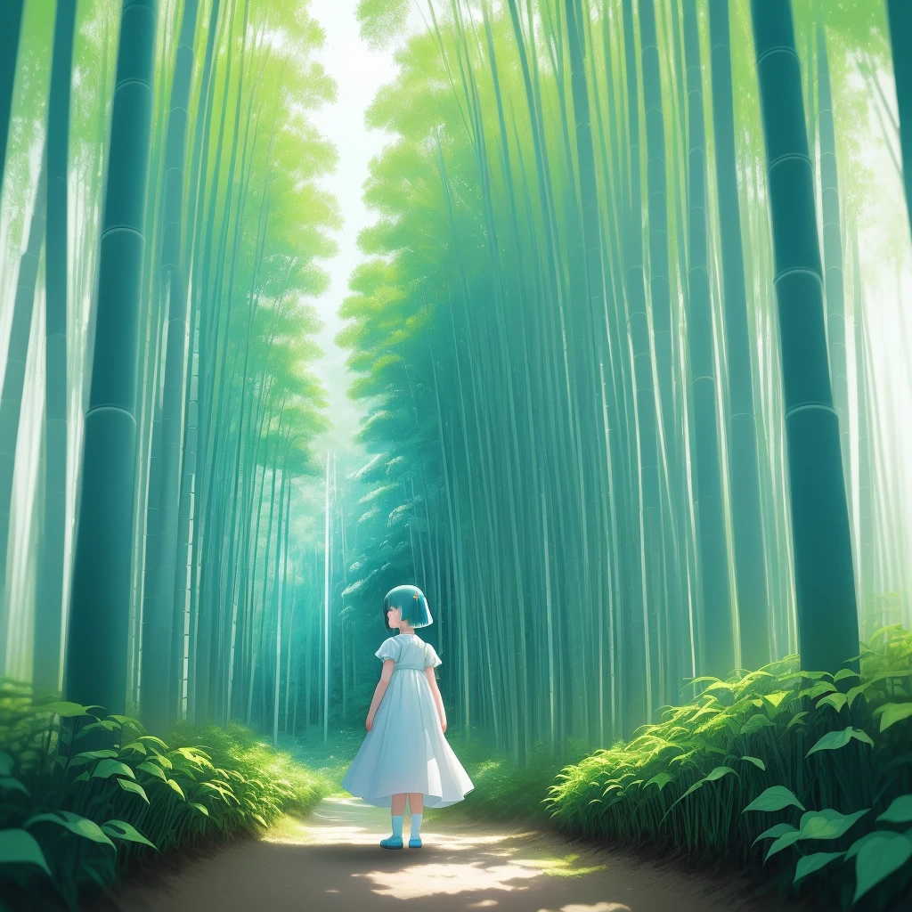 Cute little girl girl in white dress, in bamboo forest, space concept art style, concepiart, green and teal, sublime field, vibrant illustration, childlike innocence, colorful animation stills, organic realism, calligraphy - inspiration, fantasy, summer Blue colored bright background, vista, blank space on top of frame flat illustration, VictoNgai style --ar3:4 --niji5