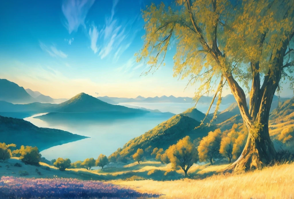 painting of a beautiful landscape with a tree and a lake, dreamy landscape, landscape wallpaper, beautiful dreamy landscape, anime landscape wallpaper, peaceful landscape, beautiful art uhd 4 k, nature landscape, fantastic landscape, beautiful landscape, beautiful render of a landscape, natural landscape, greek fantasy landscape, landscape 4k, serene landscape, scenic landscape, dream landscape