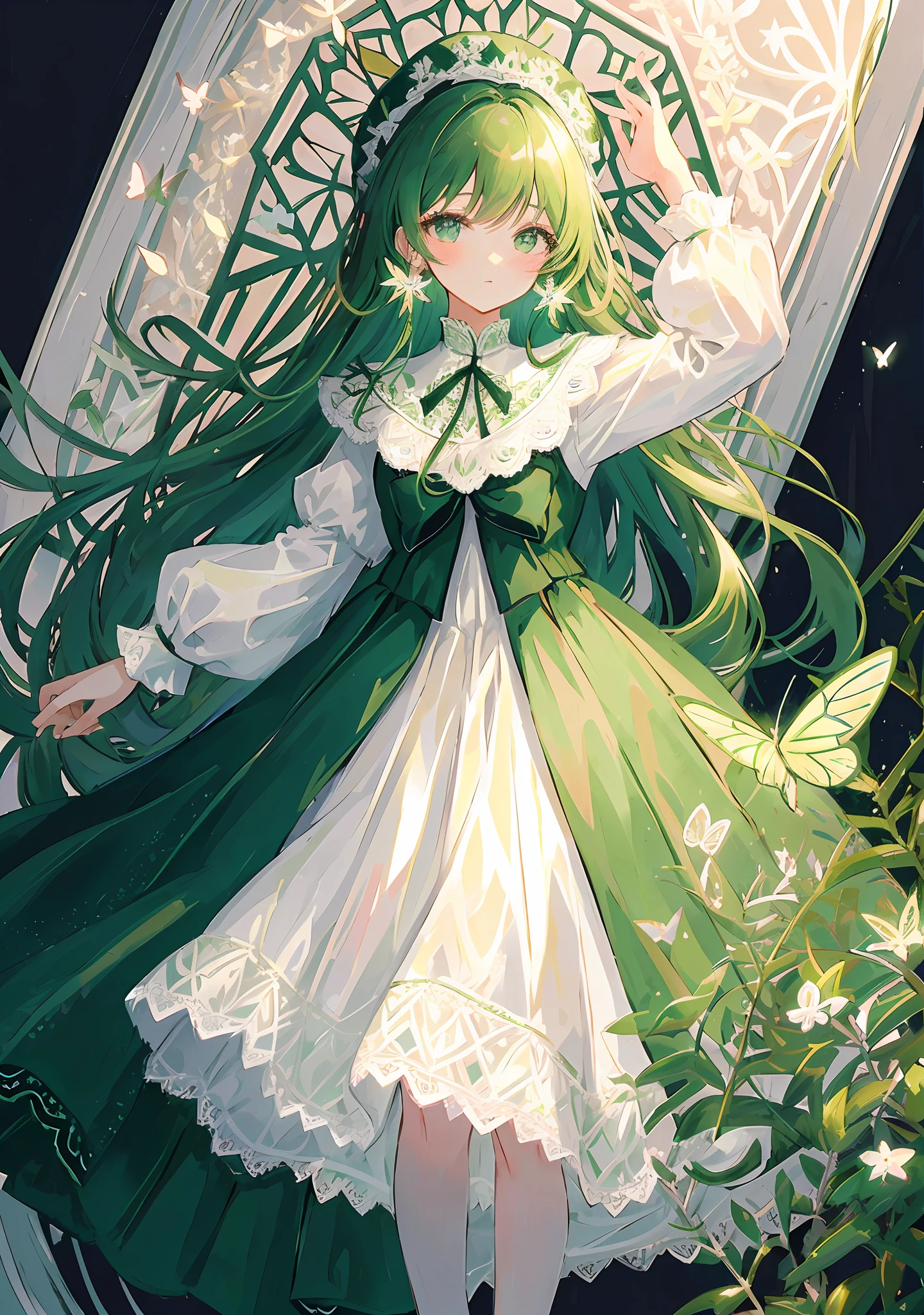 ((Masterpiece)), (best quality), (simple style), green dress, butterfly heart, pleated lace, Edwardian lace dress.