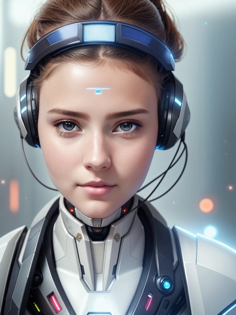 there is a woman in a futuristic suit with headphones on, portrait beautiful sci - fi girl, attractive sci - fi face, portrait of a sci - fi woman, beutiful white girl cyborg, girl in mecha cyber armor, portrait of a teen robot, portrait anime space cadet girl, beutiful girl cyborg, portrait of a futuristic robot, cute cyborg girl