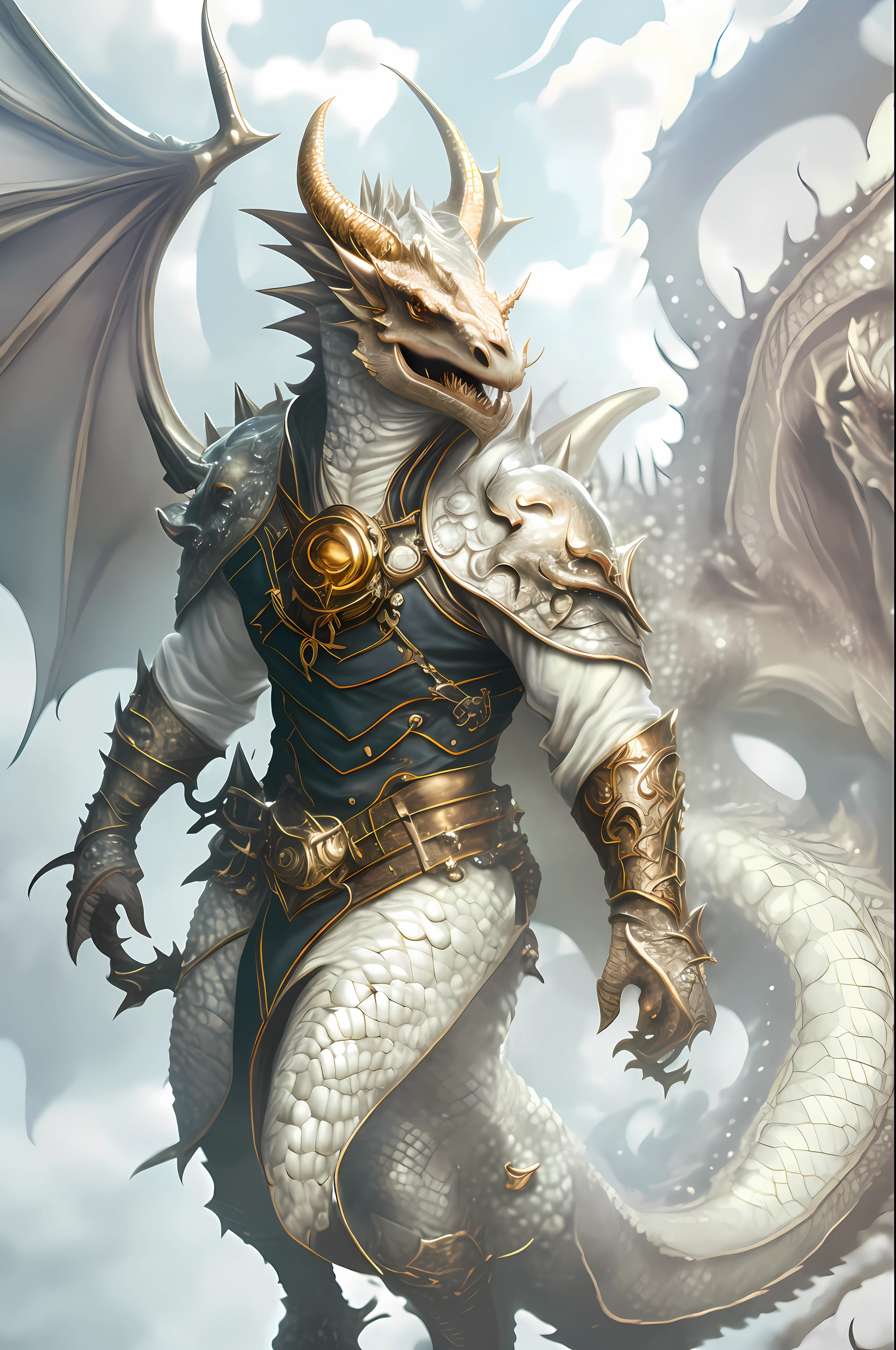 Studio Quality, Masterpiece, 6k, cowboy shot, dracthyr, dragon, (face detailed face), detailed eyes, white eyes, detailed scales, gold scales, dragon horns, detailed background, D&D, complementary colors, dynamic lighting, detailed shadows, dragon with dungeons