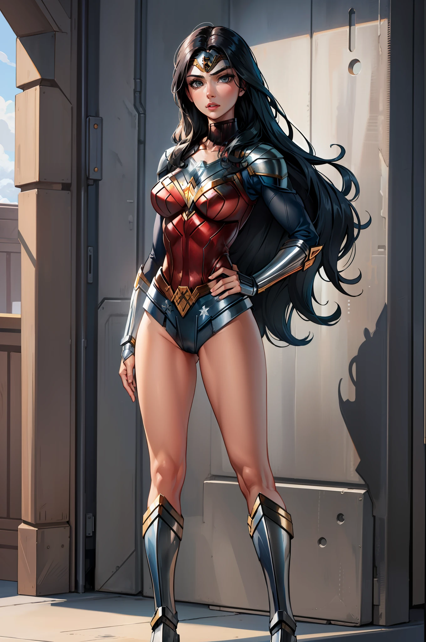 masterpiece, best quality, agrias, grey sweater, black leotard, standing, looking at viewer, wonder woman