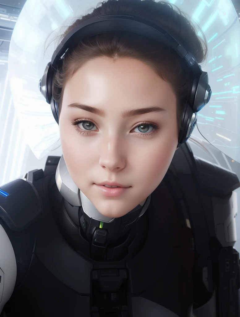 there is a woman in a futuristic suit with headphones on, portrait beautiful sci - fi girl, attractive sci - fi face, portrait of a sci - fi woman, beutiful white girl cyborg, girl in mecha cyber armor, portrait of a teen robot, portrait anime space cadet girl, beutiful girl cyborg, portrait of a futuristic robot, cute cyborg girl
