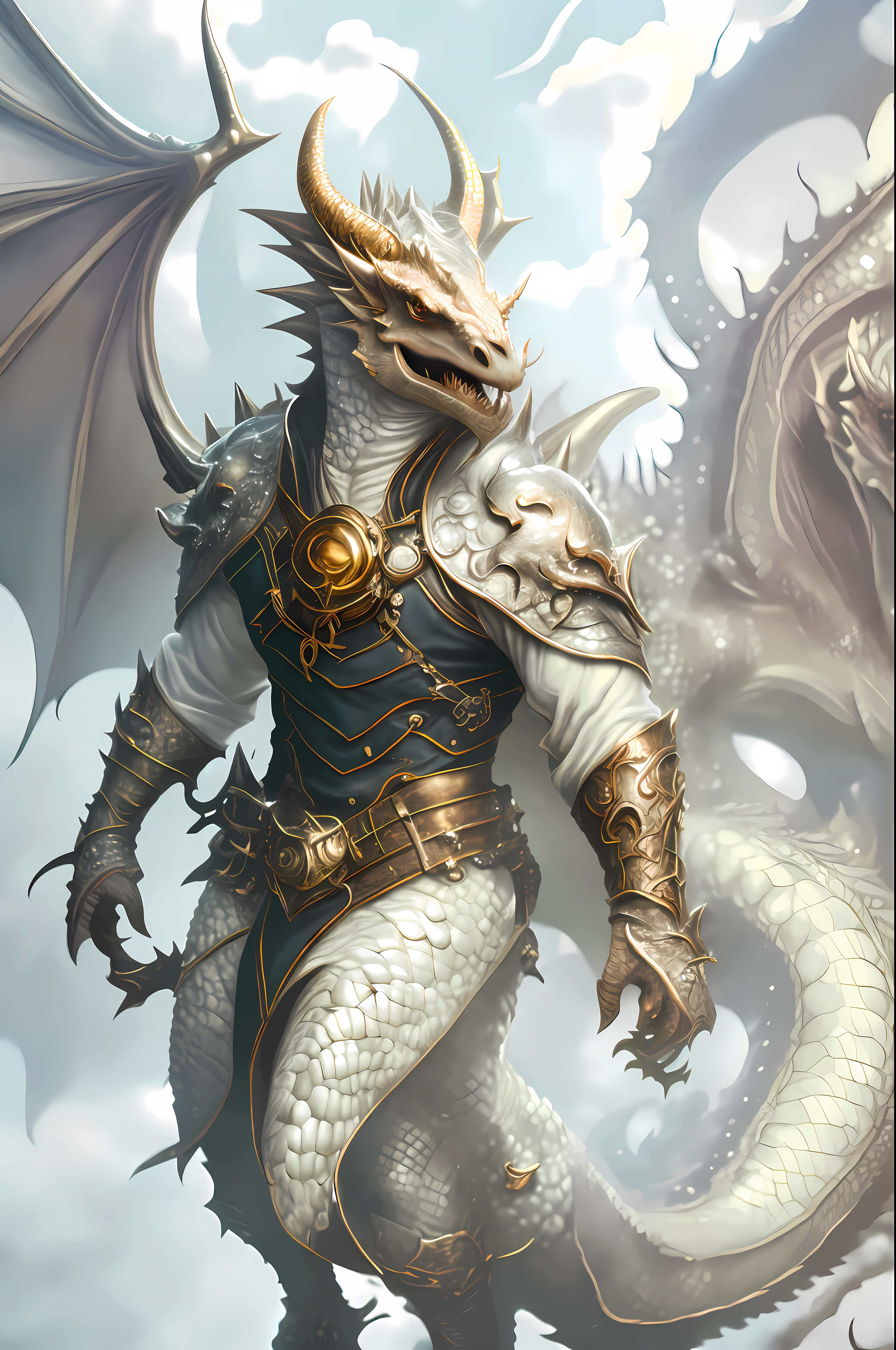 Studio Quality, Masterpiece, 6k, cowboy shot, dracthyr, dragon, (face detailed face), detailed eyes, white eyes, detailed scales, gold scales, dragon horns, detailed background, D&D, complementary colors, dynamic lighting, detailed shadows, dragon with dungeons