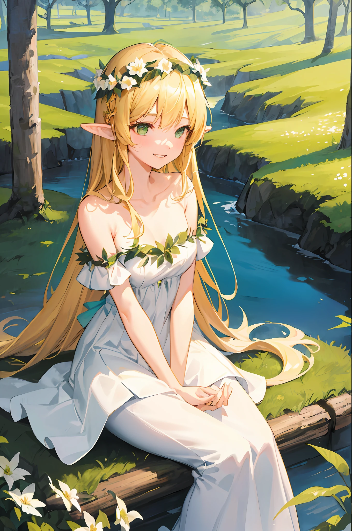Masterpiece, best quality, illustration, colorful, landscape, fantasy, forest, 1girl, girly, face focus, skinny, bare shoulders, clavicle, detailed golden long hair, green eyes, pointy ears, holy smile , wreath, white dress, holy light, forest, sea of trees, flowers, sitting on the ground