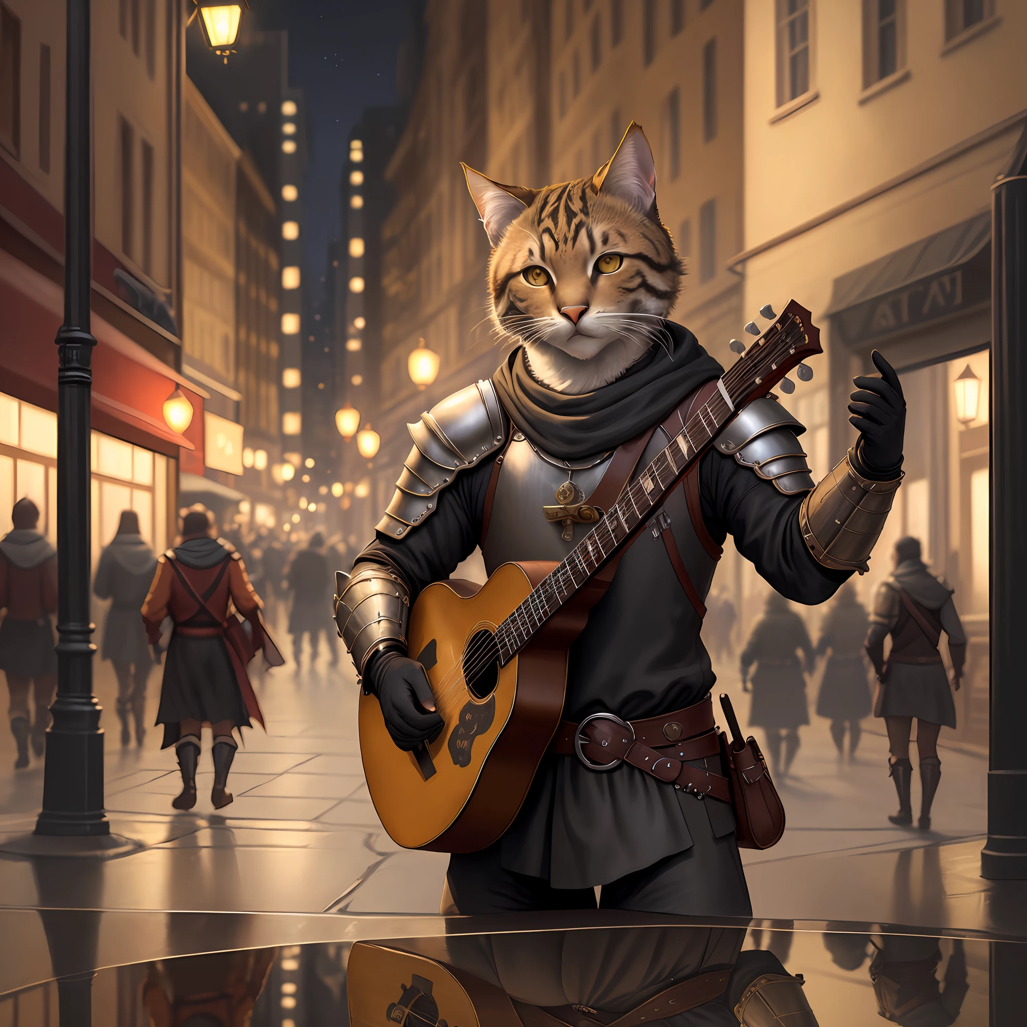 Best Quality, Masterpiece, Ultra High Resolution, Detailed Background, Realistic, Illustration, Expressionism, 1 Tabaxi, Solo, alone, single, masculin, Tabby, Leather Armor, Instrument Bell, bard, rogue, rapier, street performance, black clothes, Show, City, Medieval, Reflection, Volume Lighting , depth of field