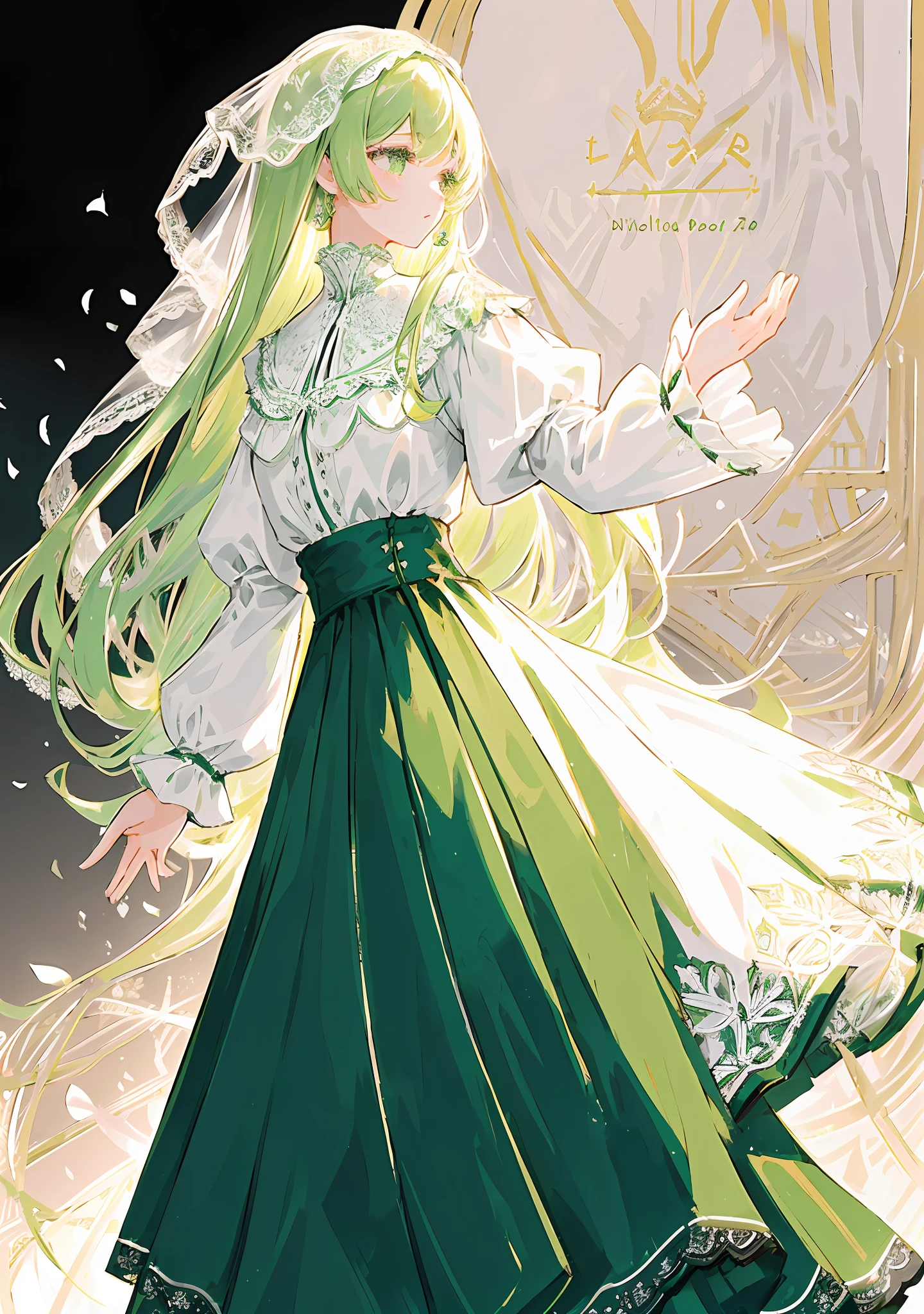 ((High-quality work)), the lines are clear and concise, the green dress and the beautiful pleated lace complement each other, which enriches the layering of the whole picture, the graceful Edwardian lace dress and the princess skirt add a lot to the character, the gesture with the back of the hand behind , It also shows the gentle and elegant side of women.