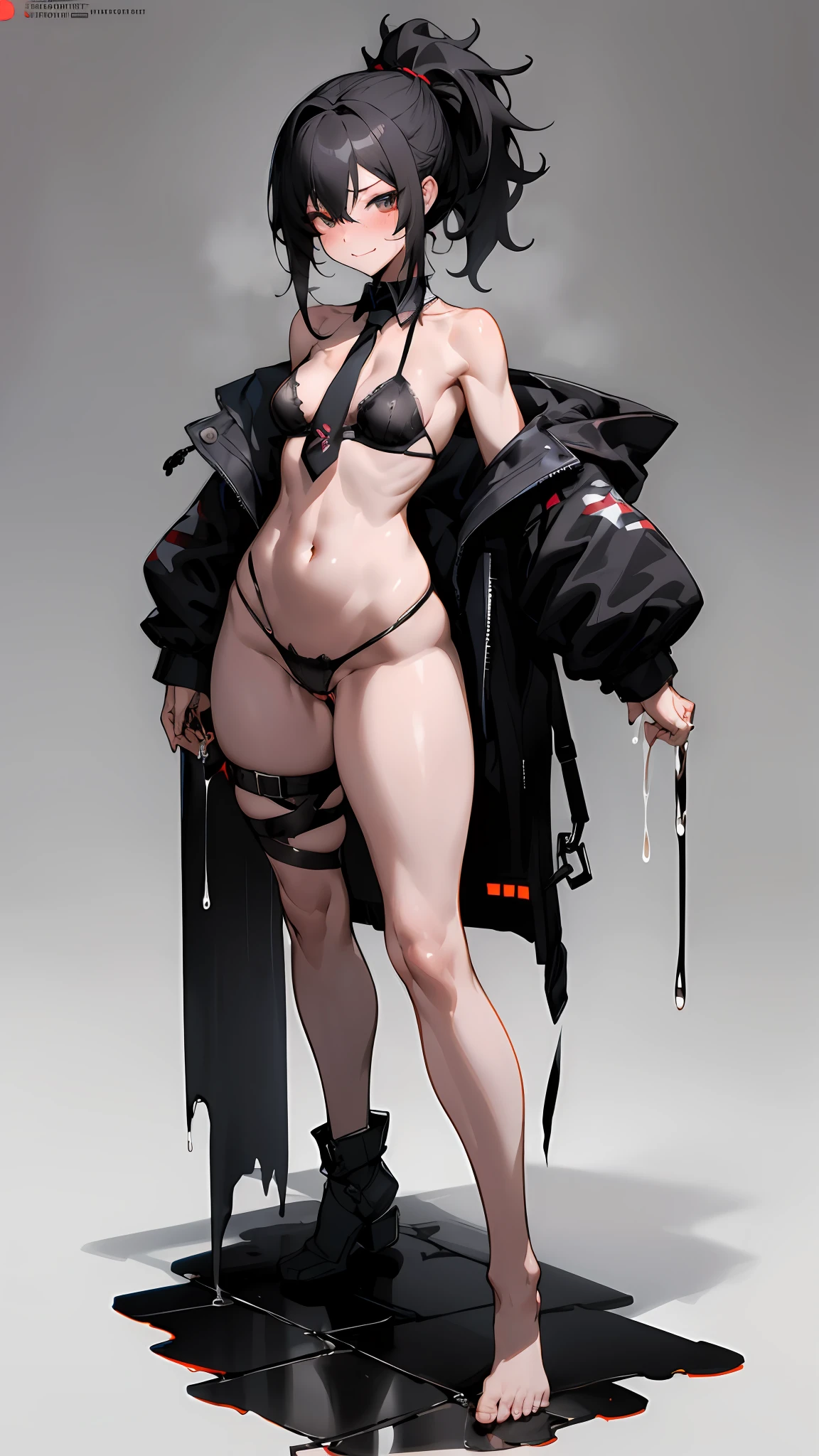vanilla skin flesh,black hair, very messy_hair,wild_ponytail,black oversized school parka, black bandaged breasts, black sexy lingerie, chain mail wrapped in body,black necktie, medium breast,small butt,emotionless,corrupted,dynamic standing pose, zbrush sculpt , bare shoulders, bare thighs ,looking at viewer, blank background, navel exposed , bare thighs, full body, bare navel, light smirk, medium waist, white thick liquid dripping in the floor