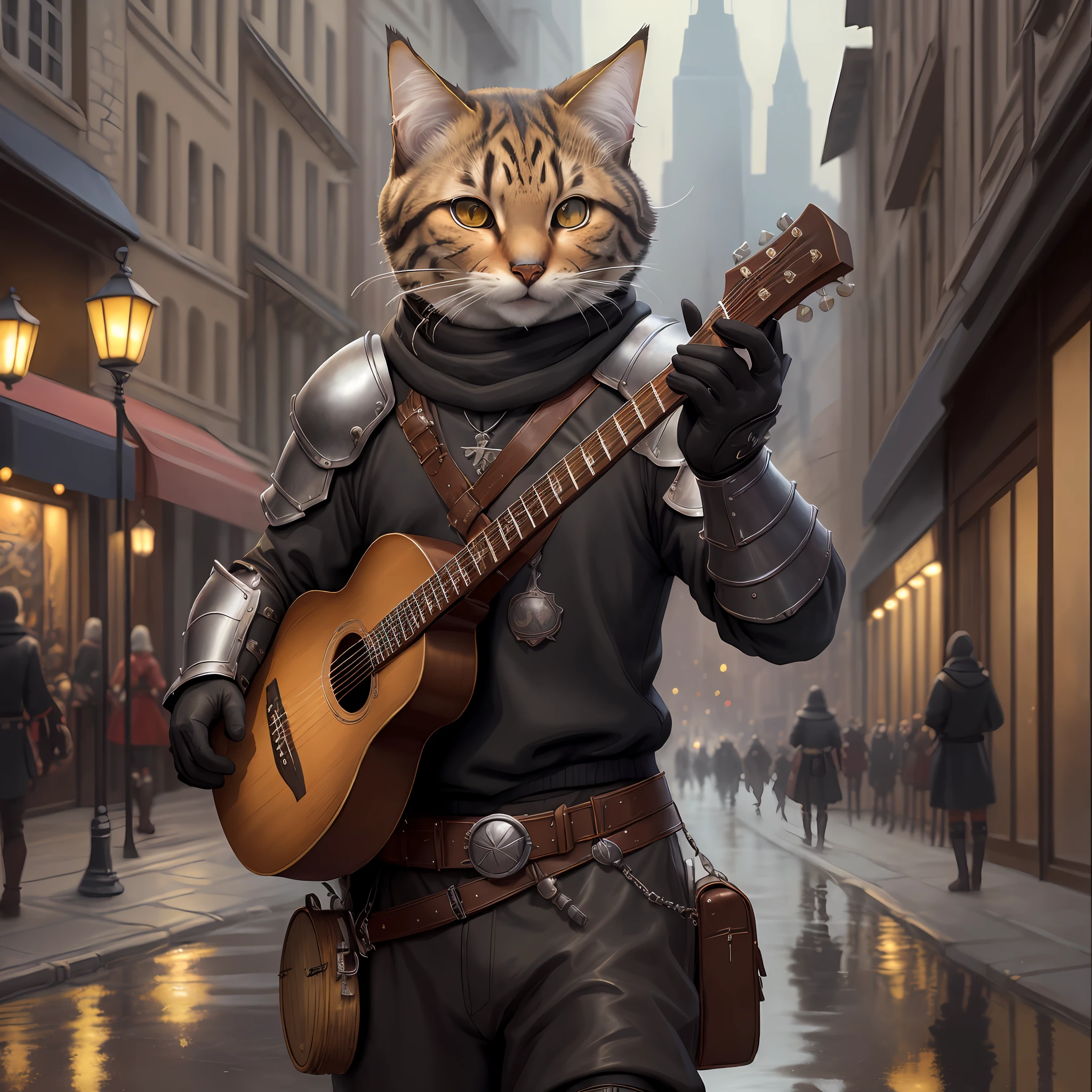 Best Quality, Masterpiece, Ultra High Resolution, Detailed Background, Realistic, Illustration, Expressionism, 1 Tabaxi, Solo, alone, single, masculin, Tabby, Leather Armor, Instrument Bell, music, street, black clothes, Show, City, Medieval, Reflection, Volume Lighting , depth of field