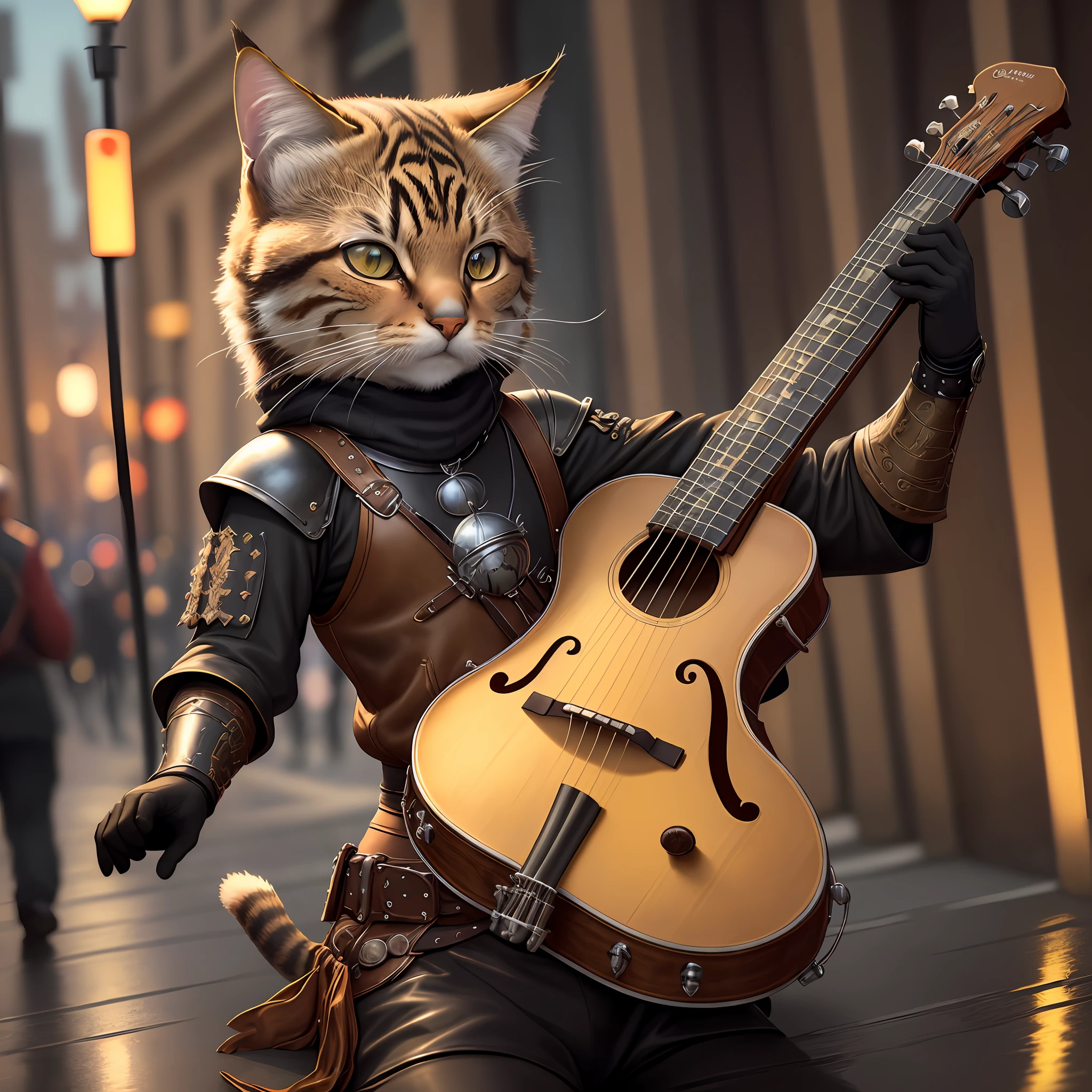 Best Quality, Masterpiece, Ultra High Resolution, Detailed Background, Realistic, Illustration, Expressionism, 1 Tabaxi, Solo, alone, single, Tabby, Leather Armor, Instrument Bell, music, street, perfomance, black clothes, Show, City, Medieval, Reflection, Volume Lighting , depth of field