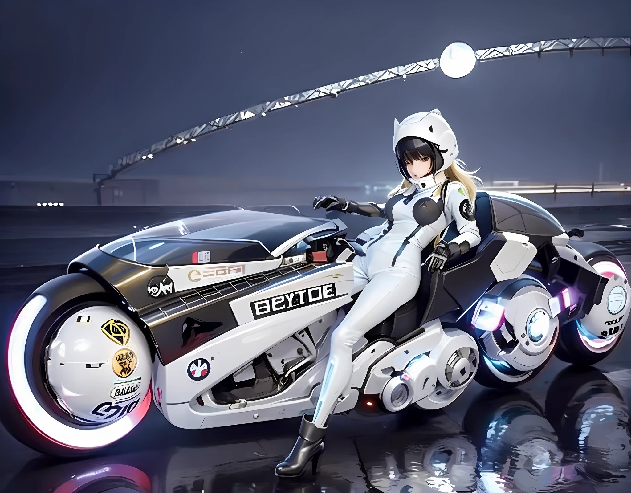 Anime girl riding motorcycle in full face helmet, sitting on cyberpunk motorcycle, futuristic motorcycle, in red one-piece racing suit, slim body, big breasts, cyberpunk city ruins on background, neon lights effect