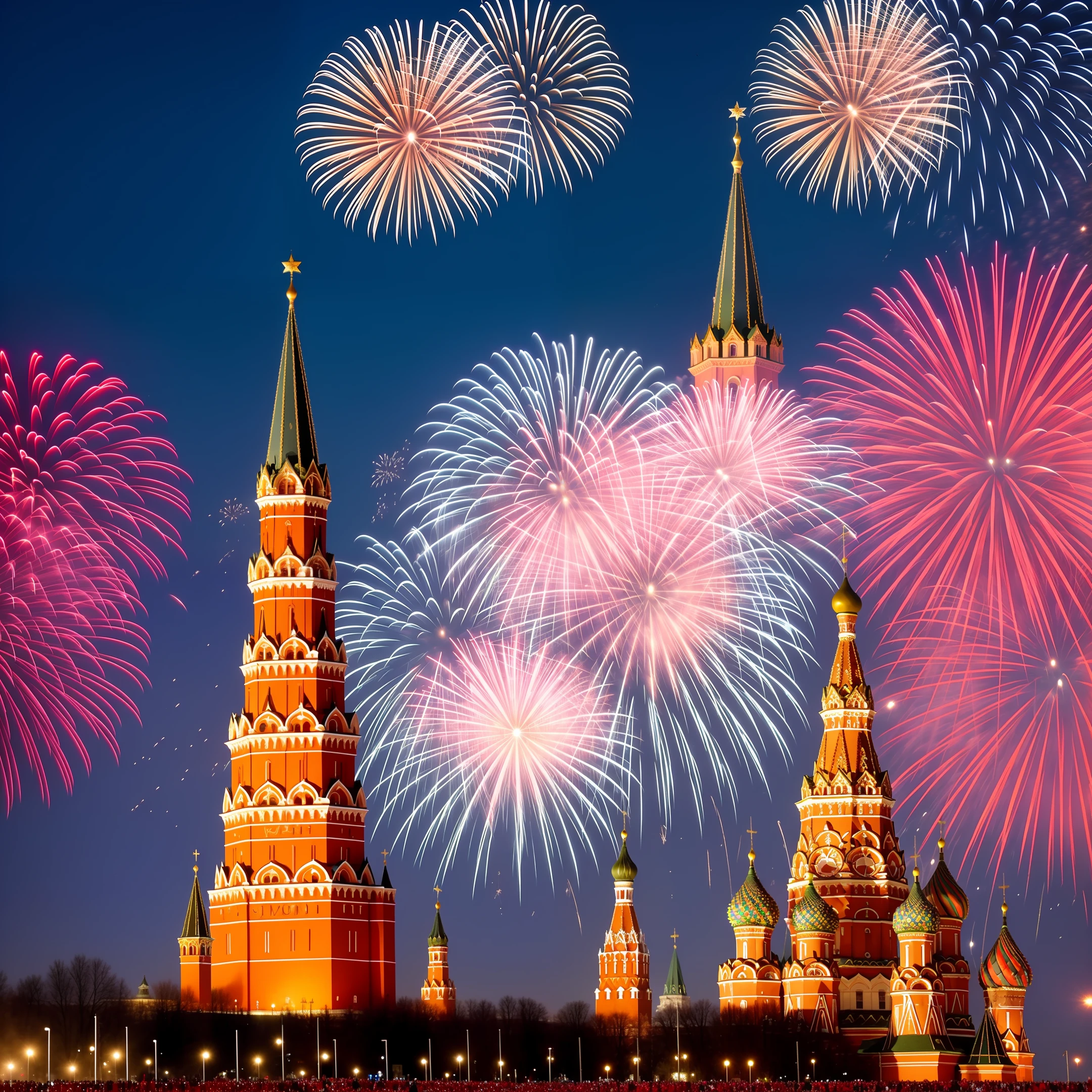 Russia, the inscription May 9 Victory Day, fireworks, St. George's Ribbon and the Order of the Patriotic War, against the backdrop of the Spasskaya Tower of the Moscow Kremlin.