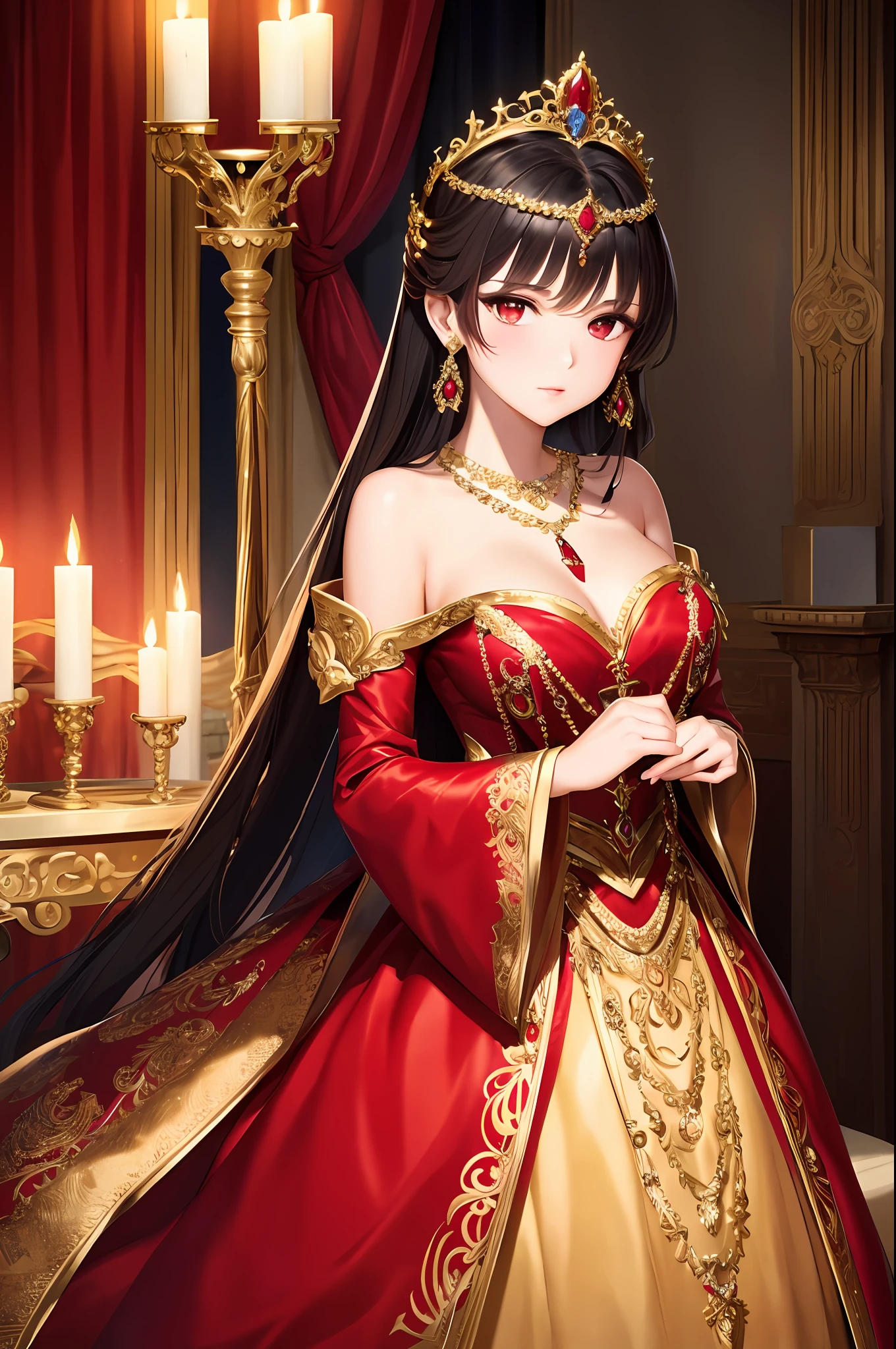 masterpiece, exquisite, 1lady, beautiful, brunette, {red eye}, firelight, regal clothes, accentuate your hair, gold fussy adornment, chain, elaborate tiara, black gold dress, maiden, princess, ruby pendant, shiny eyes
