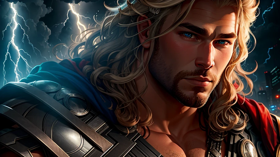 (Thor Love & Thunder:) of (Sketch:),(Energetic:) thor, EmmaRob,CGSociety,ArtStation,(Saturated),(close portrait:),(,masculine:),(attractive:),handsome,calendar pose,perfectly detailed eyes,studio lighting,thematic background