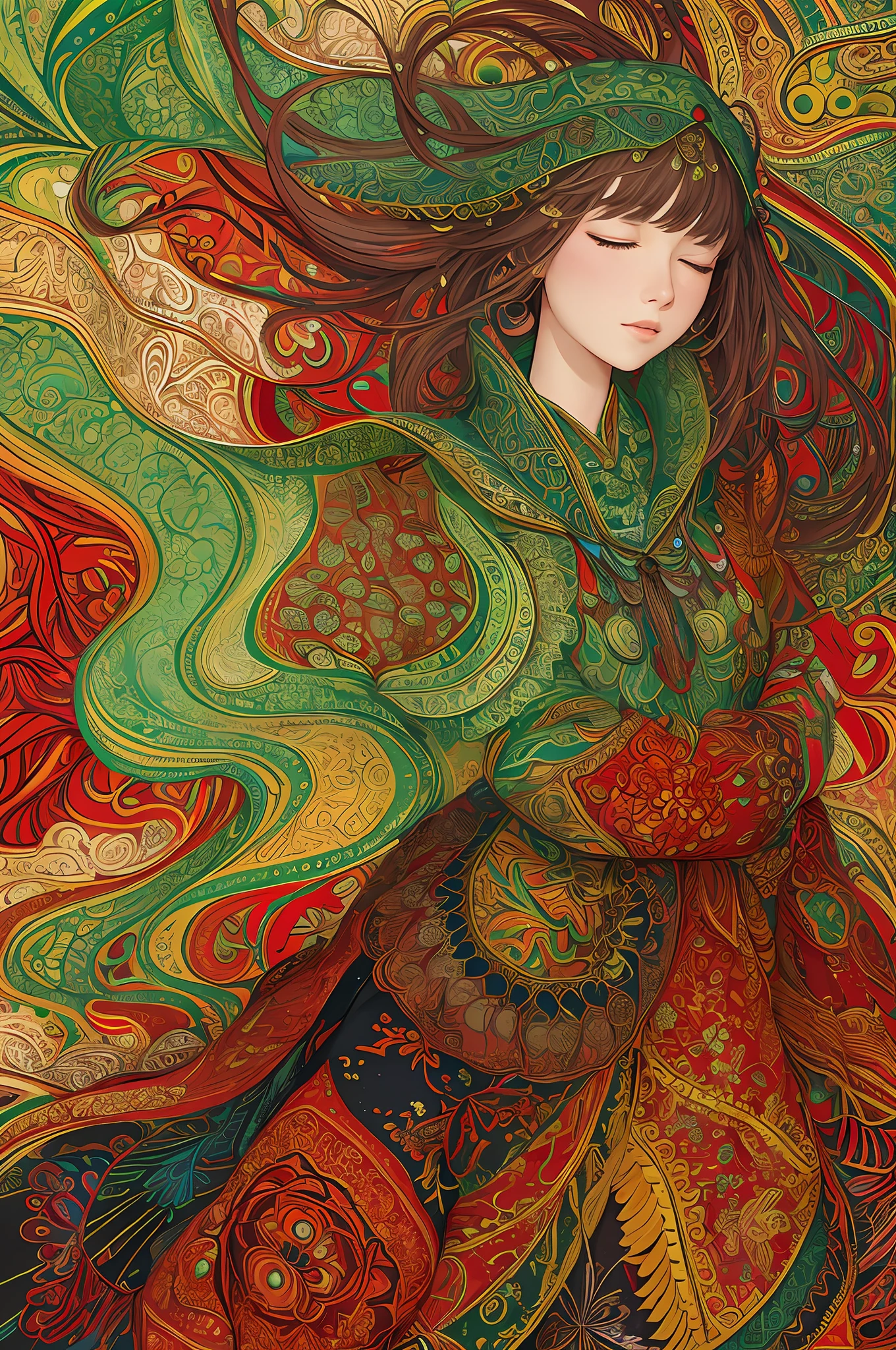 (masterpiece, top quality, best quality, official art, beautiful and aesthetic: 1.2), (1girl: 1.3), very detailed, (fractal art: 1.2), red and green, most detailed, (zentangle: 1.2), ( dynamic pose), (abstract background: 1.5), (traditional clothing: 1.2), (shiny skin), (multiple colors: 1.4), upper body, eyes closed, long skirt