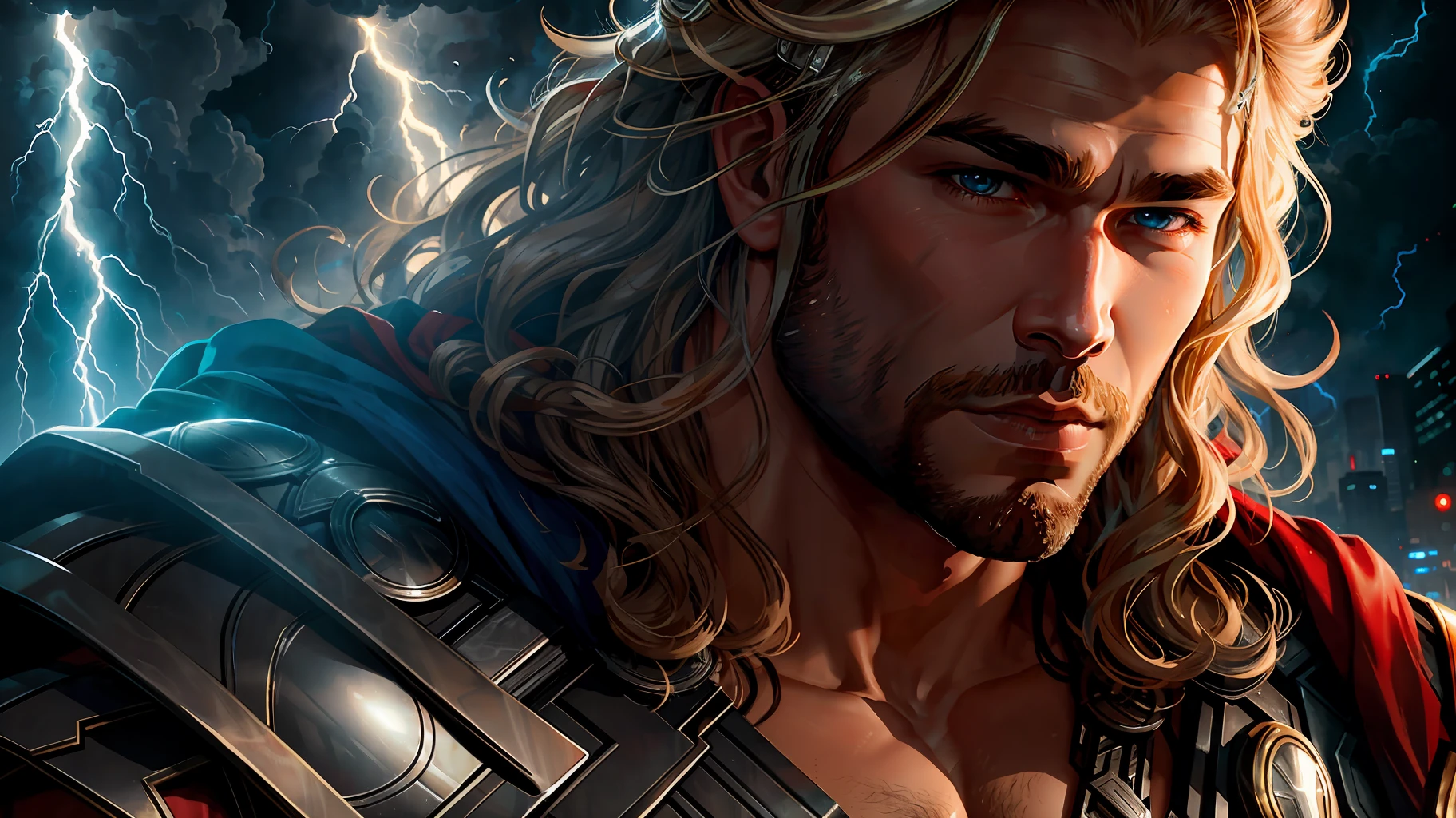 (Thor Love & Thunder:) of (Sketch:),(Energetic:) thor, EmmaRob,CGSociety,ArtStation,(Saturated),(close portrait:),(,masculine:),(attractive:),handsome,calendar pose,perfectly detailed eyes,studio lighting,thematic background