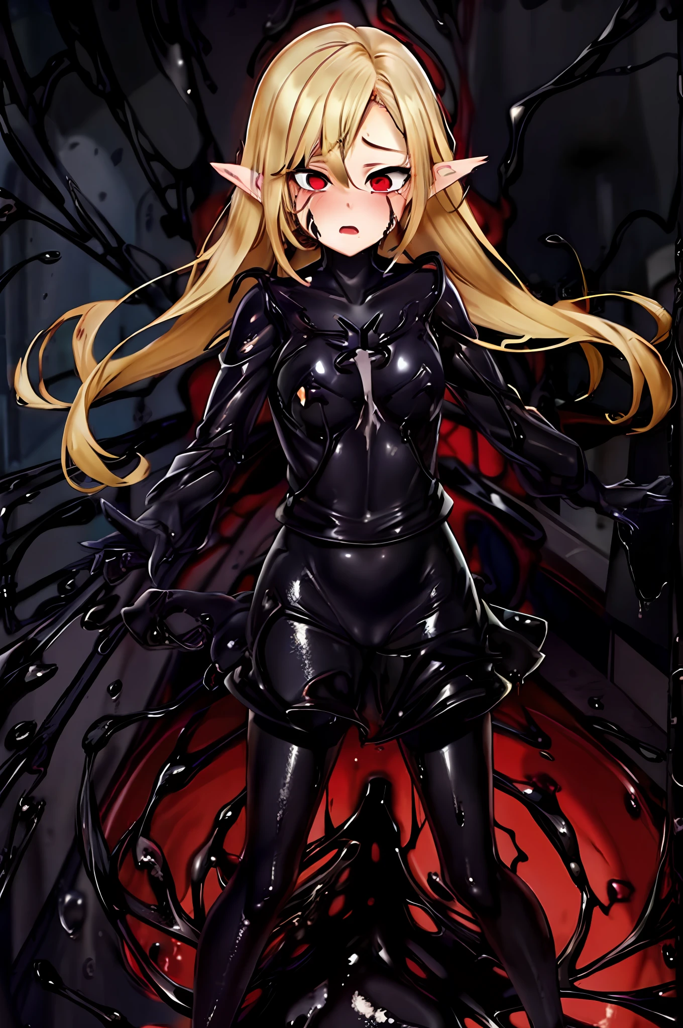 girl, blonde hair, panicked, red eyes, symbiote, short hair, scared, black goo, church background, black slime tentacle, crying, red light,