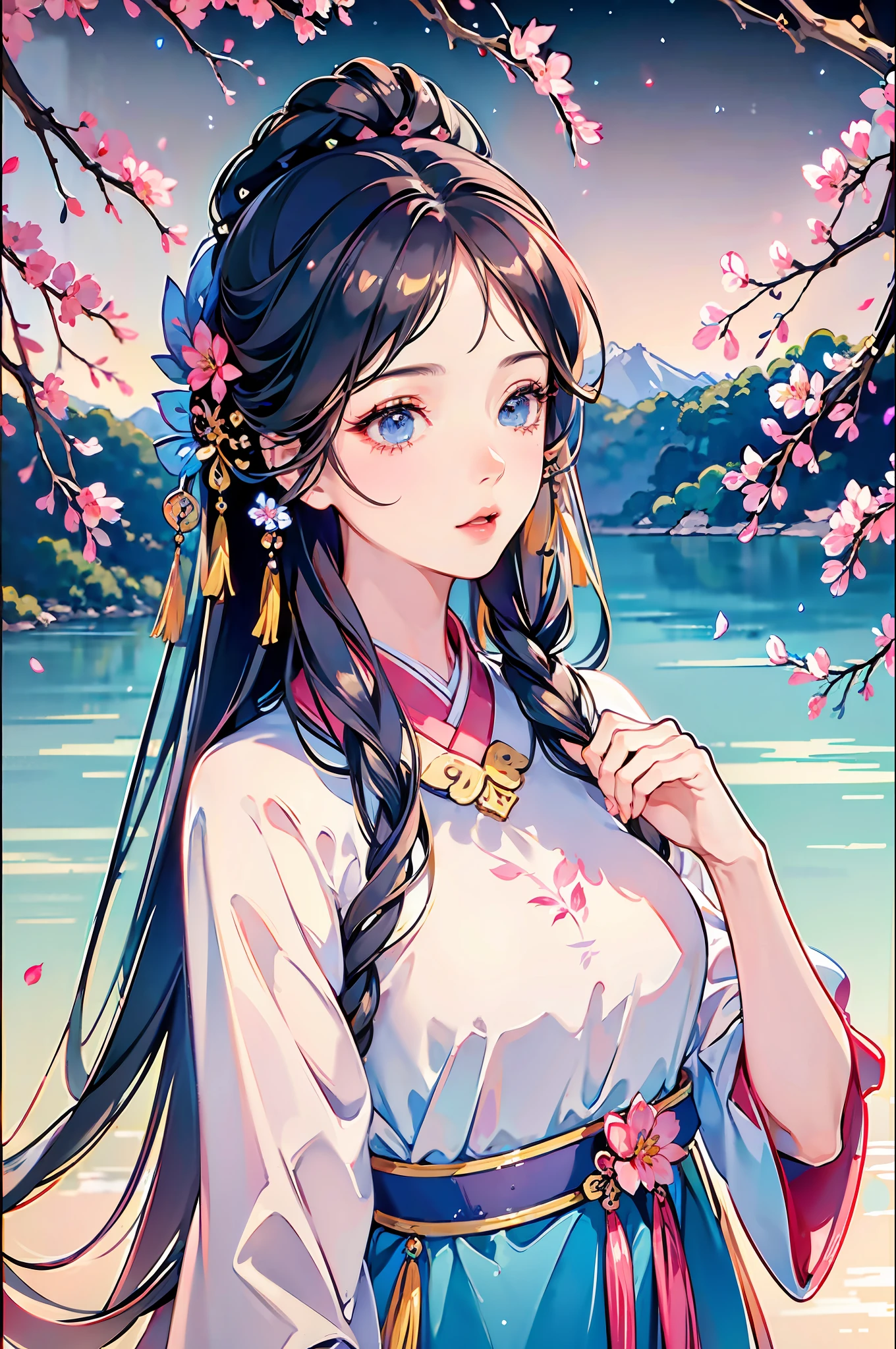 best quality,(RAW photo:1.2),(masterpiece:1.4),(photorealistic:1.4),(highres:1.4),
1girl, long hair, braid, butterfly, depth of field, from above,
hanami, cherry blossoms, lake, beautiful detailed water, black hair, long eyelashes, 
 pureerosface_v1, hanfu,
 AESPAKARINA,