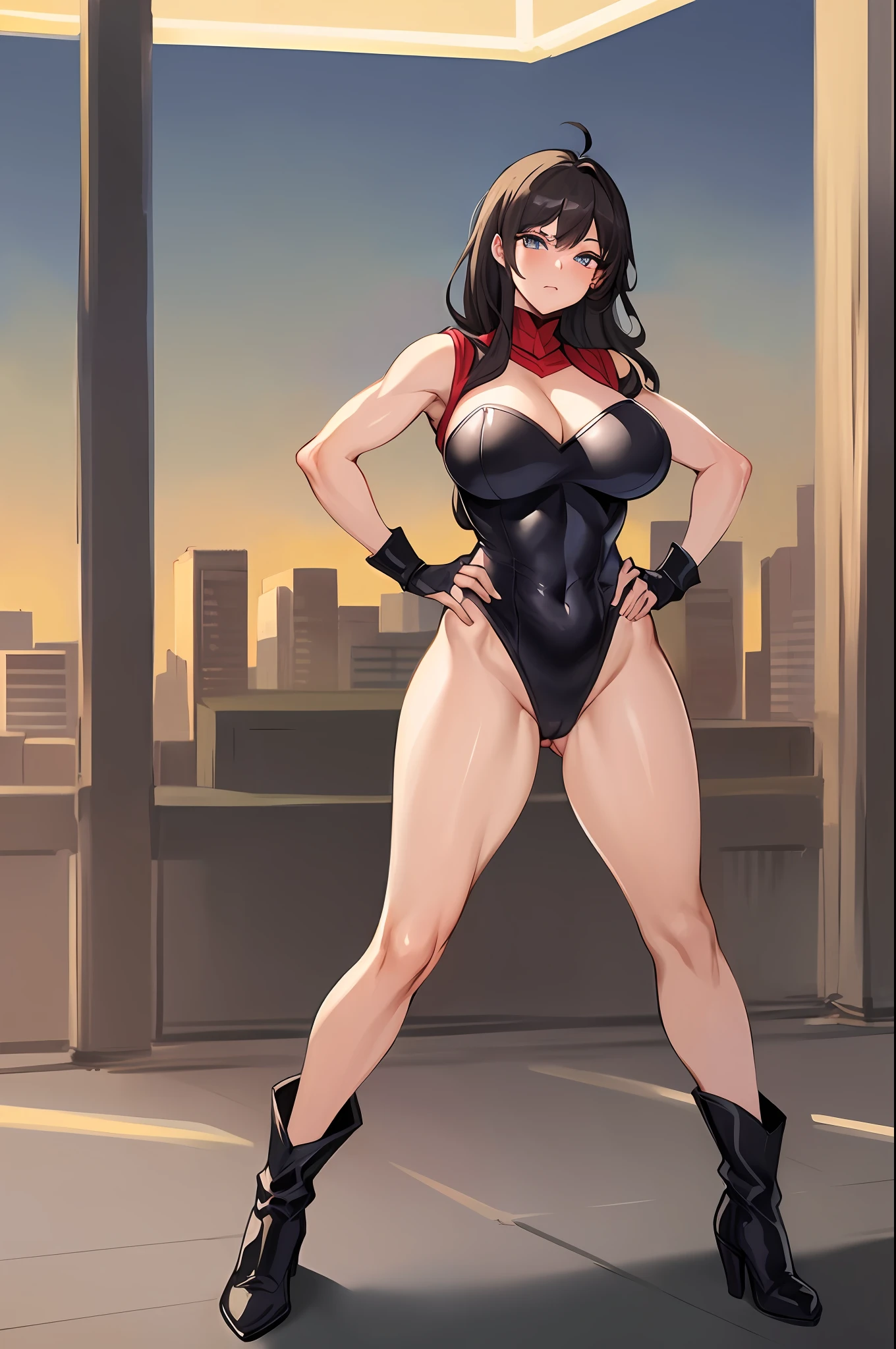 (masterpiece:1.2), (best quality:1.2), perfect eyes, perfect face, perfect lighting, 1girl, MILF, Female, superhero, leotard, bare legs, hands on hip, full body, city backdrop, 1girl, boots,