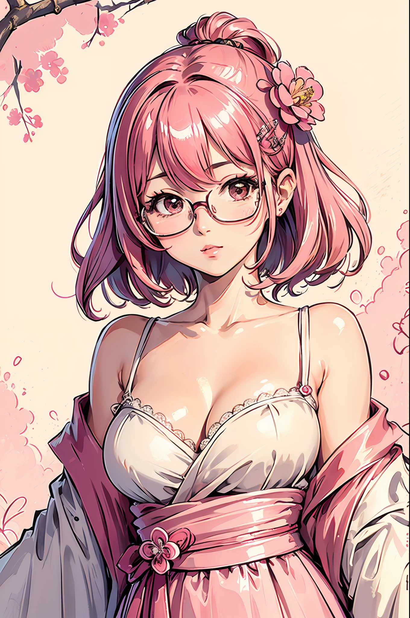 (masterpiece:1.2, best quality), (dinamic lighting) 1lady, solo, short hair, big breasts,  (shiny skin:1.2), upper body, glasses, modern, wavy pink hair,pink yulata, flower on ear, harajuku style, hair pin, loli ,ahoge, ryokan