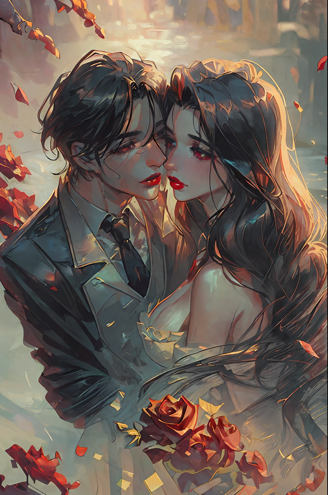 (a romantic and passionate kissing scene from the movie),(best quality, cinematic, best lighting and shadow),(close-up shot, extreme close-up shot),(1girl and 1boy),(long hair:1.2+suit),(red lipstick:1.4+black hair), romantic music, red rose petals, blurred background.