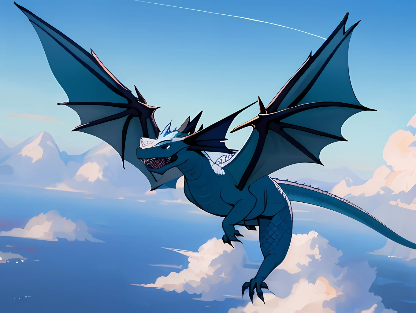 An oriental dragon soars above the blue sky.