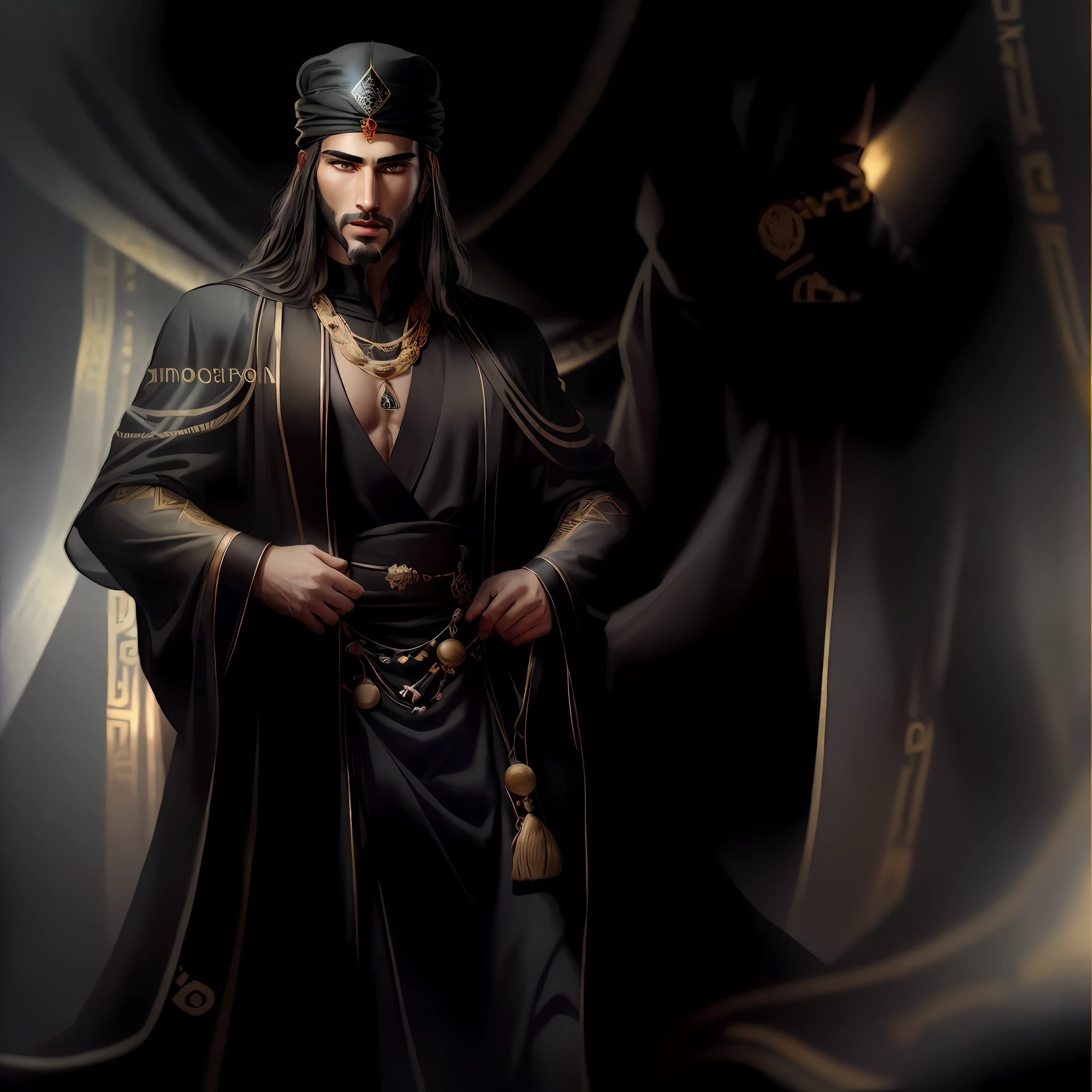 solo, solo, solo, image of a man in black robe and gold jewelry, handsome prince of persia, young ruler of ancient persian kingdom, tuomas korpi and wlop, portrait of human emperor, ancient king in black robe, inspiration From Osman Hamdi Bey, Noble Majesty Clothes, Ahmed Karahisari, Handsome Man, Inspired by Altoon Sultan, Black Gold Color, Shade, Cunning, Slippery, 8k, Fine