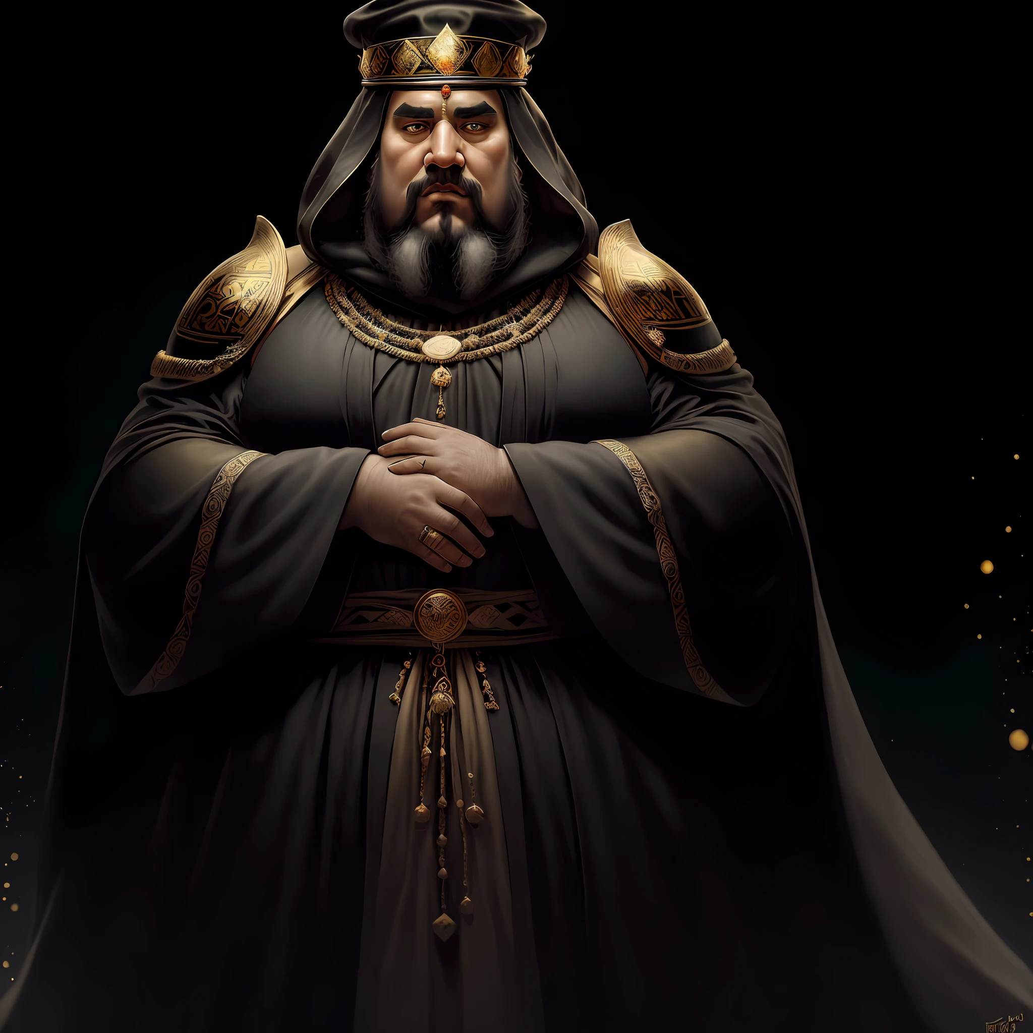 solo, solo, image of a man in black robe and gold jewelry, ugly and fat, last king of ancient persian kingdom, tuomas korpi and wlop, portrait of human emperor, ancient king in black robe, noble majestic clothes , Ahmed Karahisari, inspired by Altoon Sultan, black and gold color, ignorance, pathetic, 8k, fine