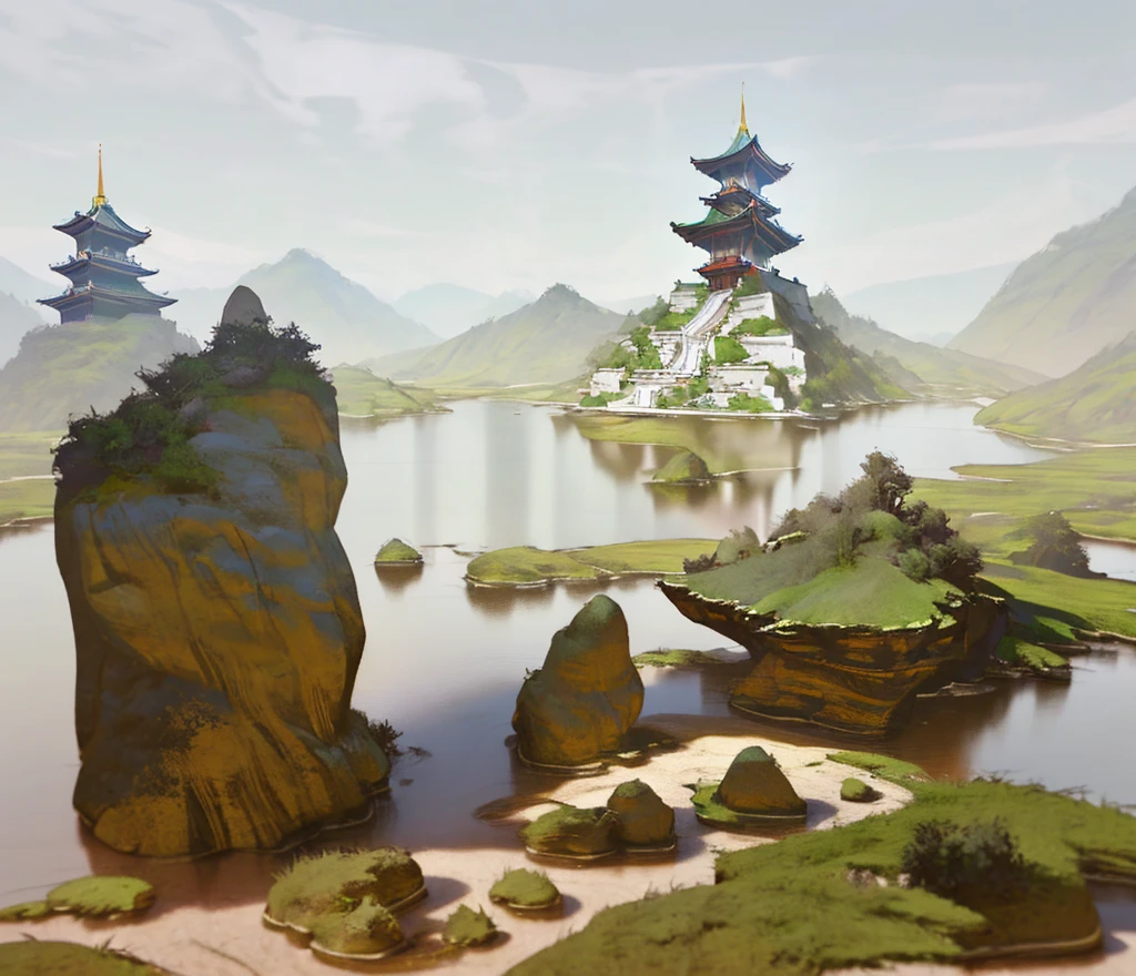 There is a model of a music sculpture, buddhist style pictures of landscapes, lakes and buildings, detailed photos of virtual worlds, super detailed scenes, highly detailed surreal visuals, 3d stylized scenes, super detailed backgrounds, 3d collage, realistic scenes , Ray Traced Reflections, Scene Rendering, Fantasy 3D Rendering, Soft Cinematic Tone Mapping, Ray Traced Reflections, 3D Artistic Rendering, Looks Realistic