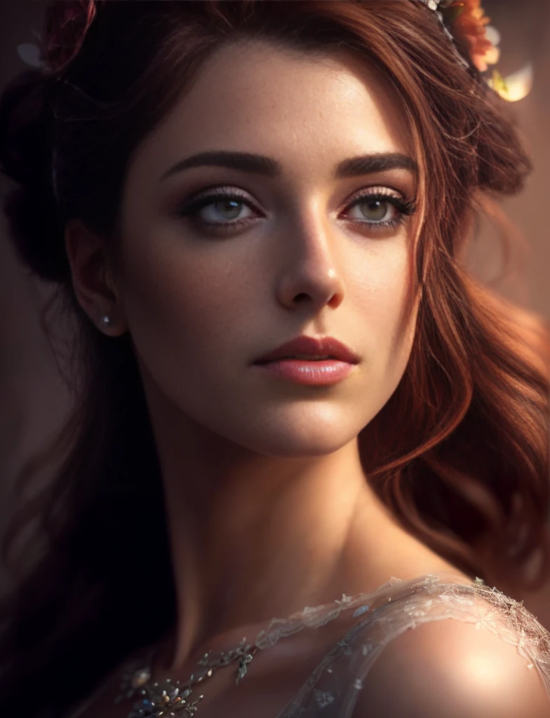 a close up of a woman with a flower in her hair, soft portrait shot 8 k, detailed beauty portrait, cinematic realistic portrait, realistic digital art 4k, realistic digital art 4 k, 8k portrait render, realistic digital painting, 8 k realistic digital art, detailed beautiful portrait, stunning digital illustration, realistic digital illustration, high quality portrait, photorealistic digital painting