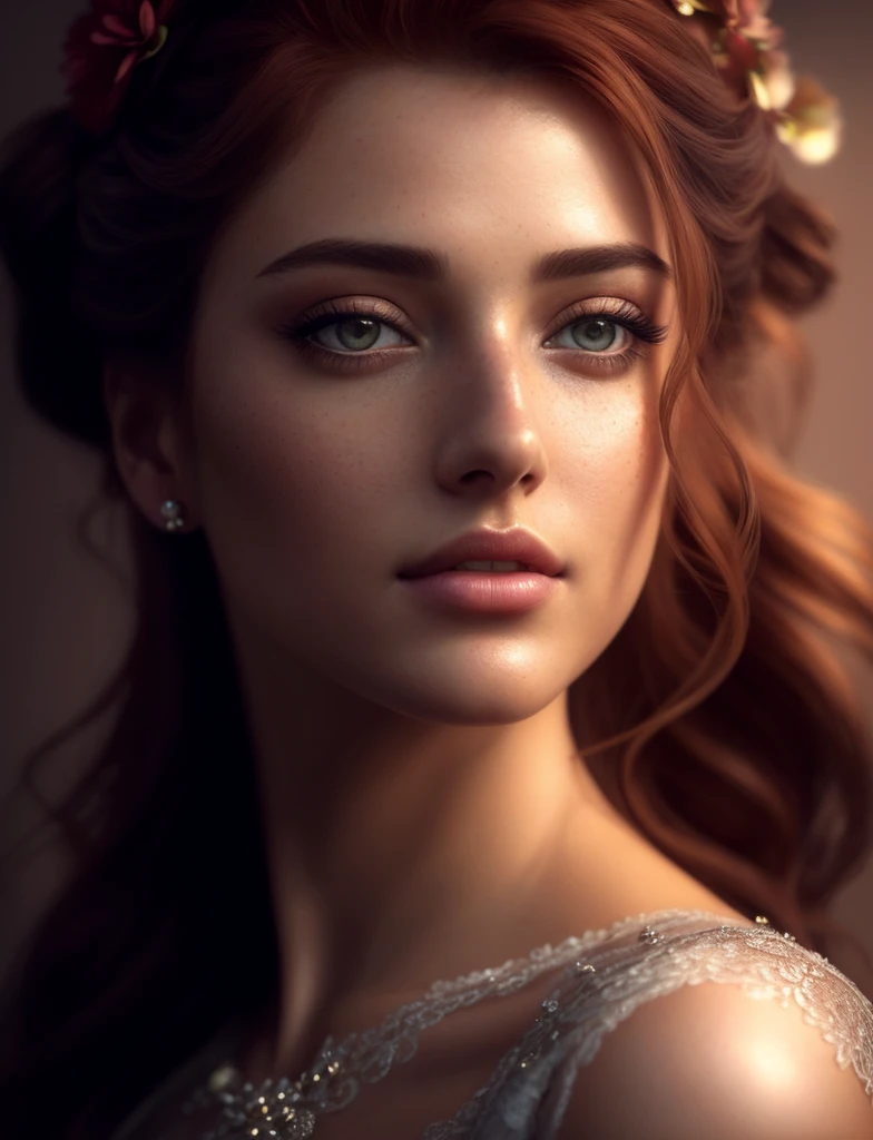 a close up of a woman with a flower in her hair, soft portrait shot 8 k, detailed beauty portrait, cinematic realistic portrait, realistic digital art 4k, realistic digital art 4 k, 8k portrait render, realistic digital painting, 8 k realistic digital art, detailed beautiful portrait, stunning digital illustration, realistic digital illustration, high quality portrait, photorealistic digital painting