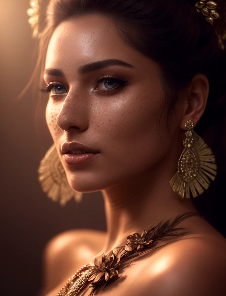Close-up of a woman with necklace and earrings, detailed beauty portrait, sensual 8K lighting, 8K portrait rendering, cinematic close-up of a goddess, cinematic realistic portrait, realistic moody face lighting, beautiful portrait lighting, soft portrait shot 8k, goddess close-up portrait, realistic digital art 4k, Realistic 4k digital art, dramatic lighting rendering, freckles on face