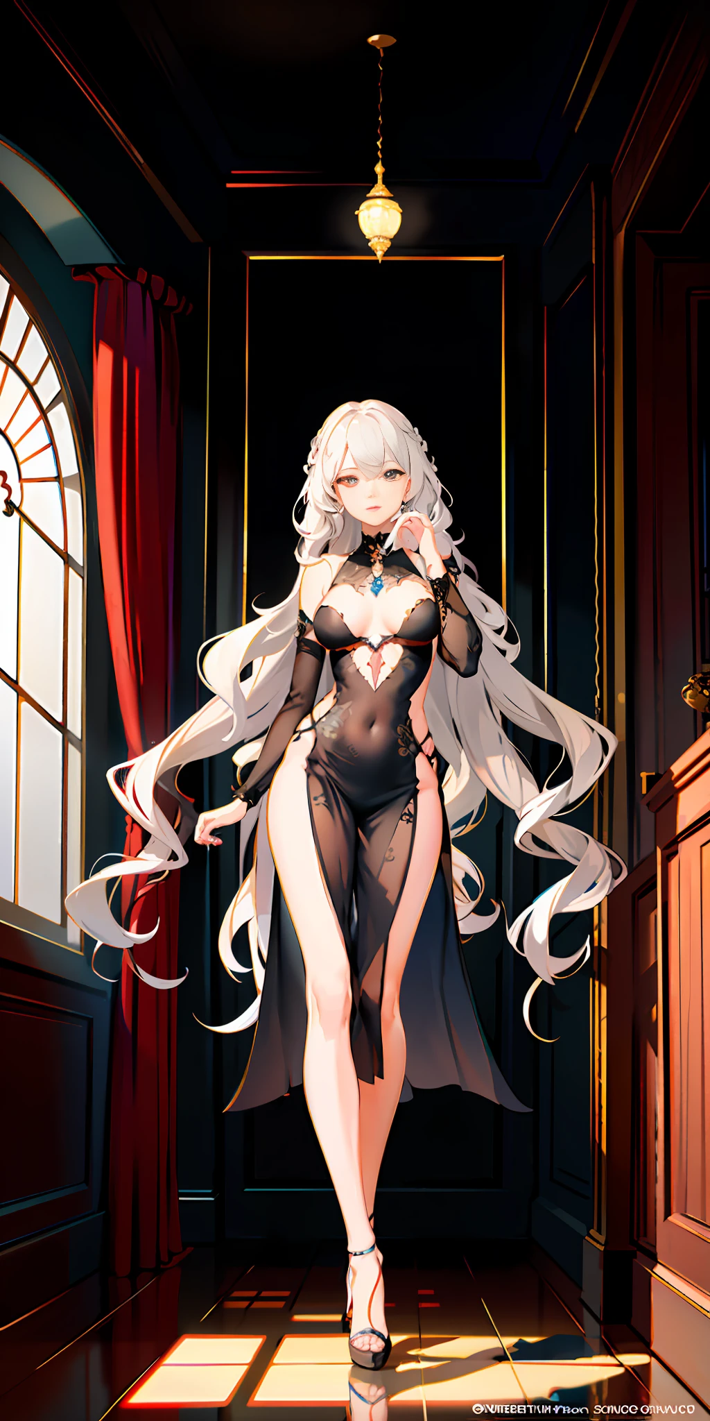 Cute woman looking at viewer, detailed face,  attractive, underboob, full elegant dress, wavy light gray hair, ((full body)), perfect eyes, (interior home background), (photorealistic), intricate, highly detailed, absurd res, symmetrical, backlighting, colorful,  concept art, (photography:1.5), sharp focus, illustration, award-winning, 8K.