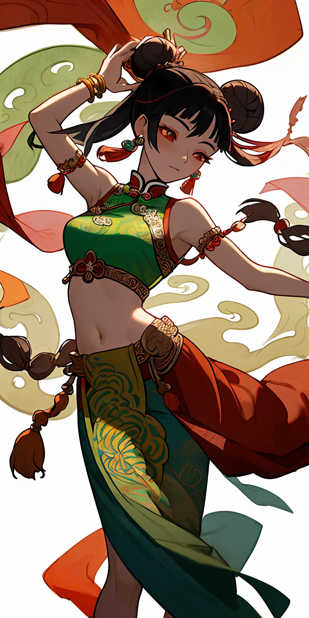 An ancient Chinese beauty, in gorgeous costumes embroidered with intricate embroidery, with transparent colorful streamers tied around her arms, flowing, with her navel exposed, shoulders off, her hair in a bun, flower hairpins, arm rings, bracelets, anklets, tied around her waist Metal chain tassels, Dunhuang Flying Apsaras mural inspiration, Chinese painting, watercolor, ink, cgstation popular --v 6