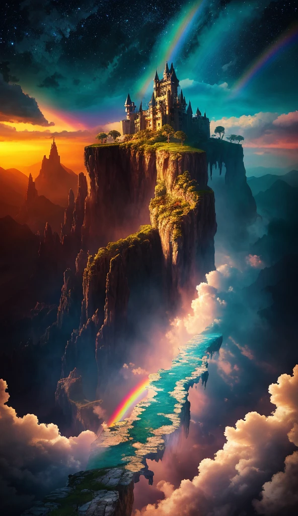 there is a castle on a cliff with a rainbow in the sky, 4k highly detailed digital art, epic dreamlike fantasy landscape, 4 k detail fantasy, 4k fantasy art, impressive fantasy landscape, epic fantasy digital art style, beautiful art uhd 4 k, 4k detailed digital art, detailed fantasy digital art, beautiful detailed fantasy, 8k stunning artwork