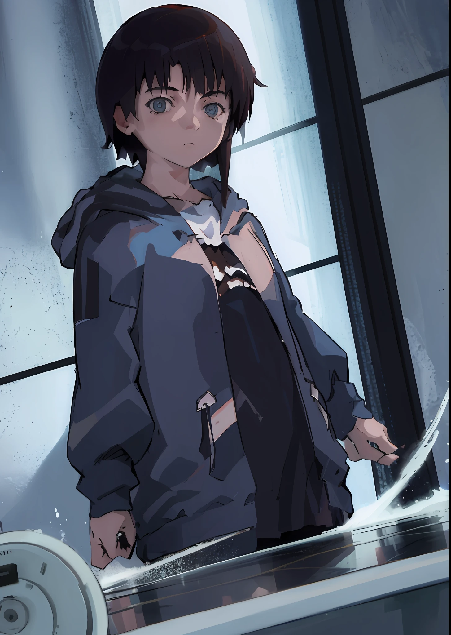 looking at viewer, (blue theme,) (Highest picture quality),masterpiece,best quality,extremely detailed CG wallpaper, ultra_detailed,(high quality),(Cinematic Lighting:1.1),(Volumetric Lighting:1.1),(Celluloid), (solo focus),(1 girl), (cold face),a girl with brown eyes and a white shirt is staring at the camera with a serious look on her face, iwakura_lain, 1girl, hood, solo, brown_hair, hoodie, looking_at_viewer, short_hair, hood_down, upper_body, masterpiece, best quality,