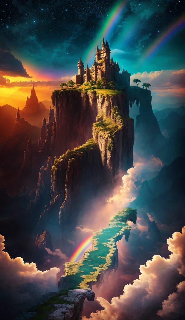 there is a castle on a cliff with a rainbow in the sky, epic dreamlike fantasy landscape, 4k fantasy art, impressive fantasy landscape, 4k highly detailed digital art, 4 k detail fantasy, epic fantasy landscape, epic fantasy digital art style, matte painting in fantasy style, 8k fantasy art, high fantasy landscape, fantasy art behance