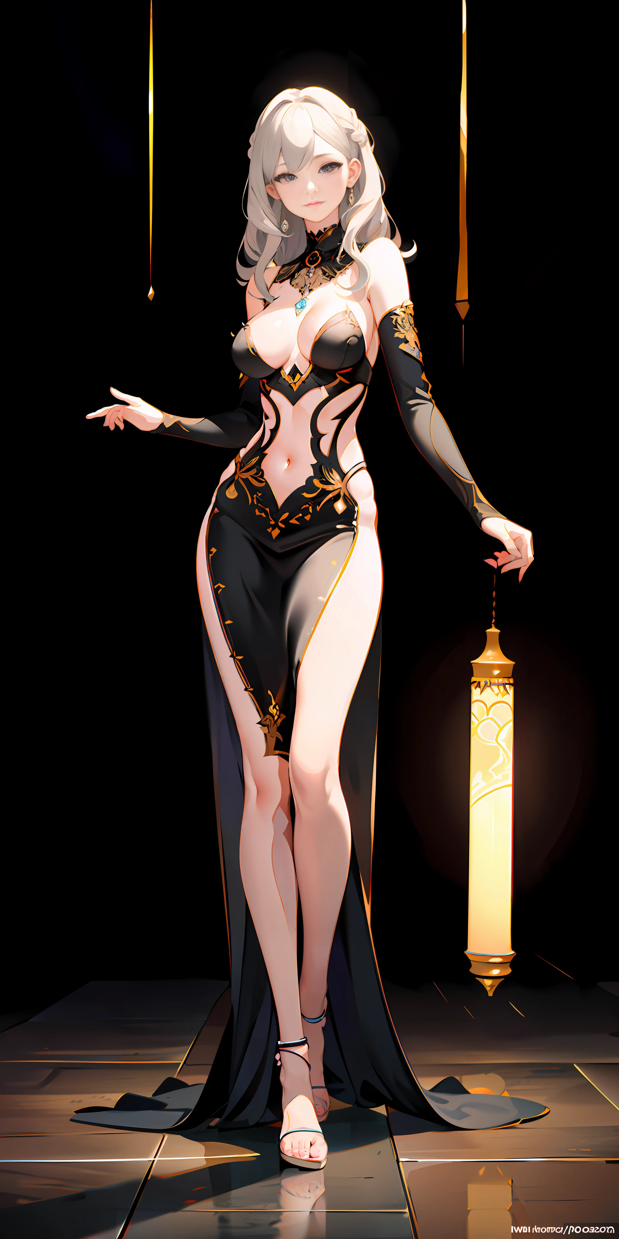 Cute woman looking at viewer, detailed face, attractive, underboob, full elegant dress, wavy light gray hair, ((full body)), perfect eyes, (interior home background), (photorealistic), intricate, highly detailed, absurd res, symmetrical, backlighting, colorful, concept art, (photography:1.5), sharp focus, illustration, award-winning, 8K.